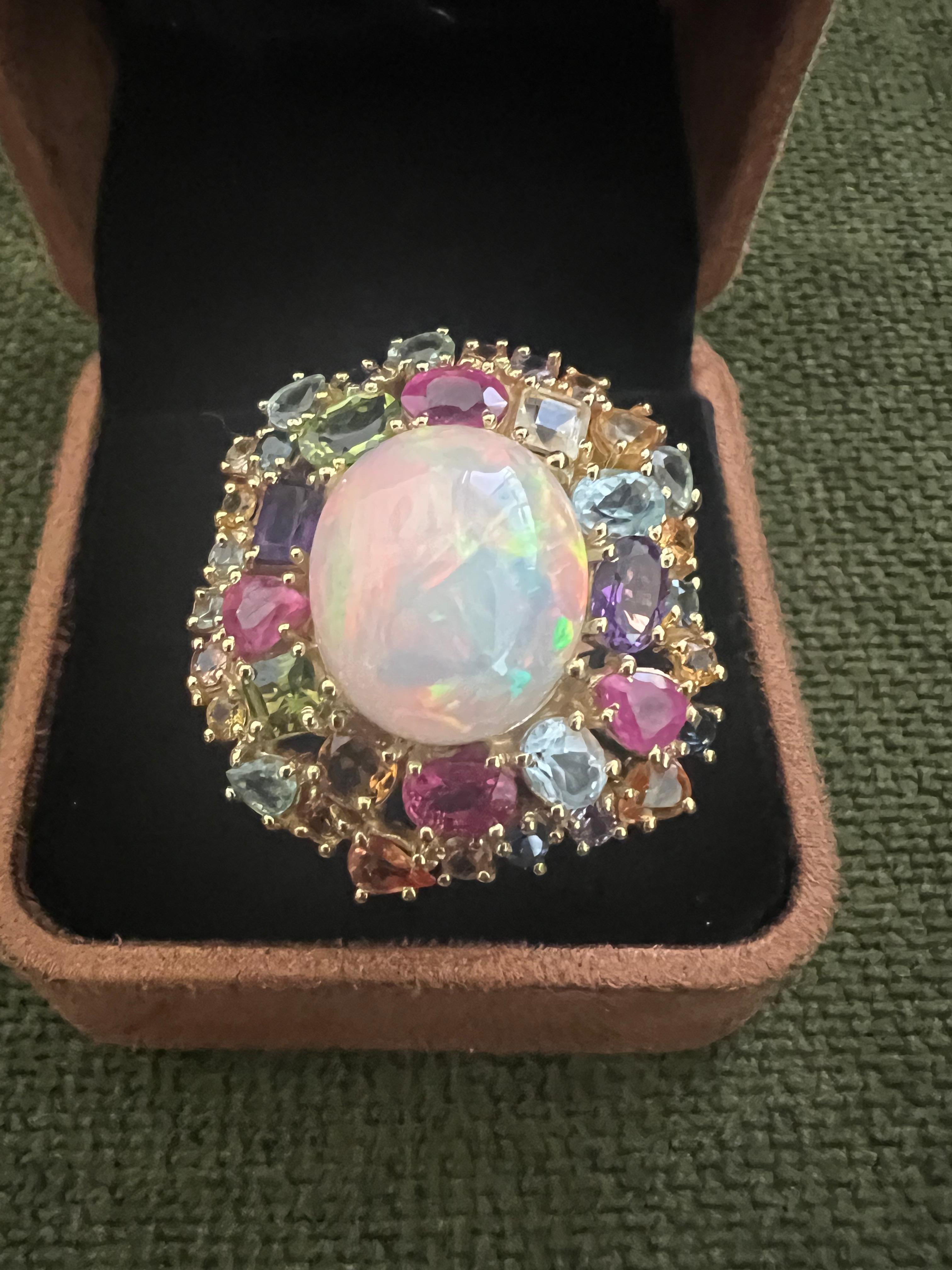 Bochic “Orient” Fire Opal, Multi Gem & Sapphire Ring Set In 18K Gold & Silver For Sale 1