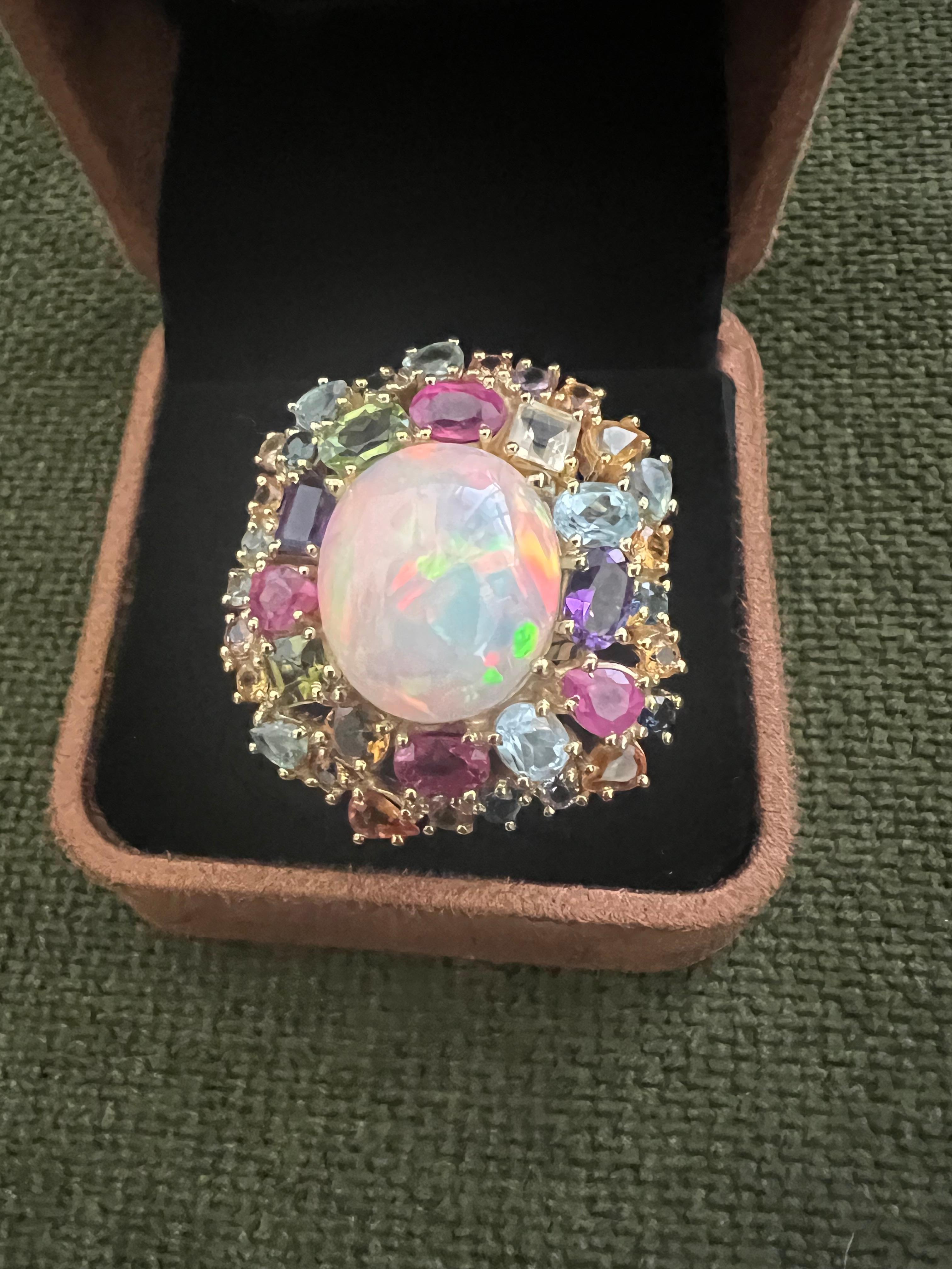 Bochic “Orient” Fire Opal, Multi Gem & Sapphire Ring Set In 18K Gold & Silver For Sale 2