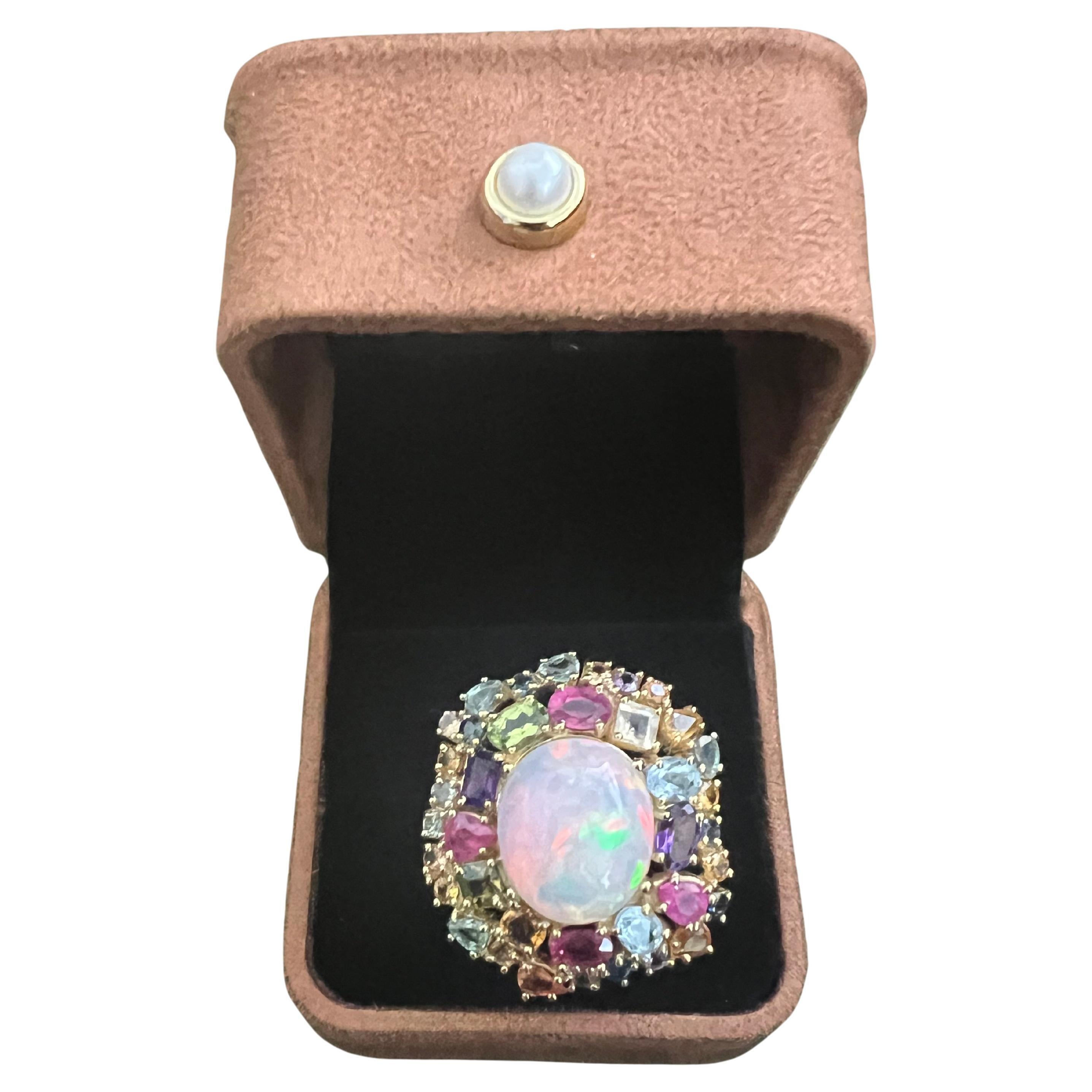 Bochic “Orient” Fire Opal, Multi Gem & Sapphire Ring Set In 18K Gold & Silver