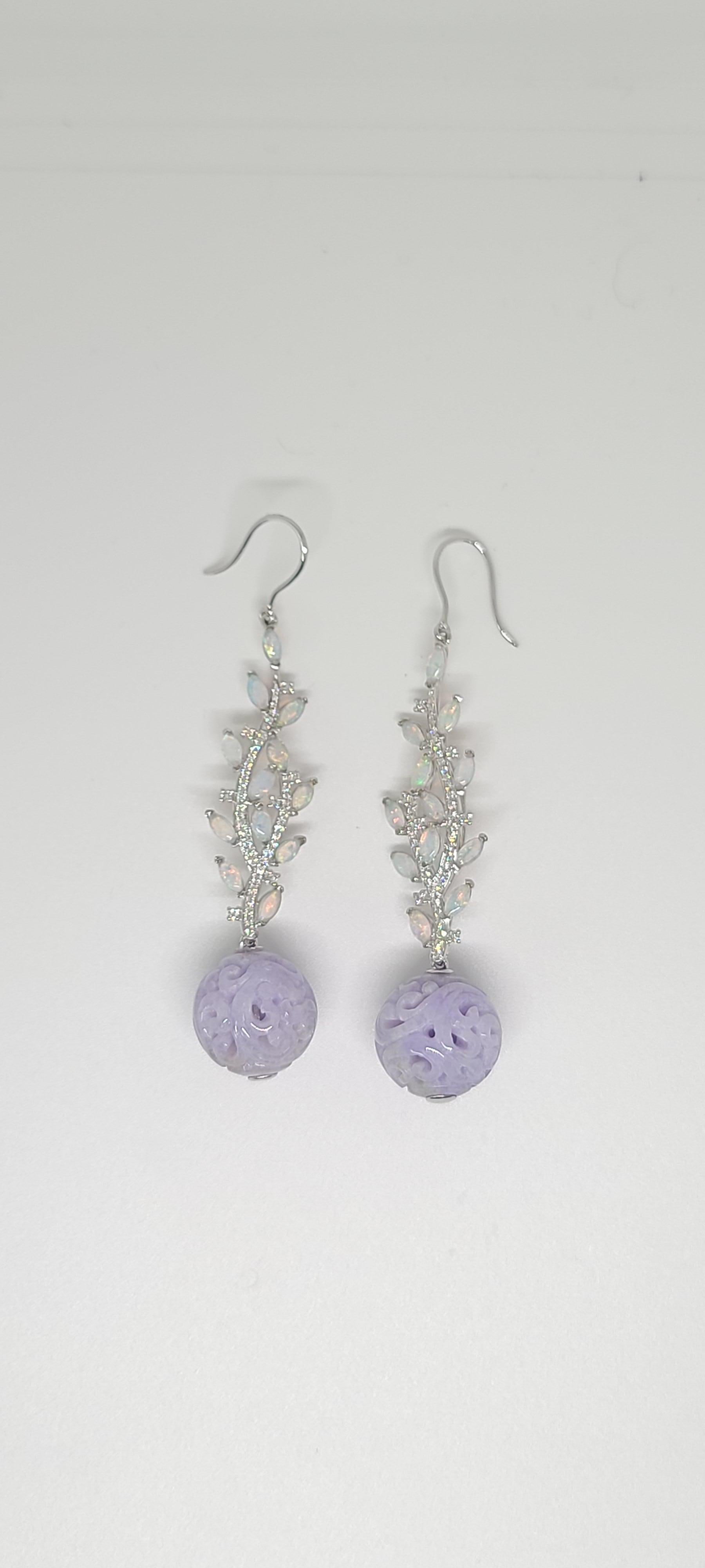 Baroque Bochic “Orient” Flower Leaf Diamond & Lilac Jade Drop Earrings Set In 18K Gold  For Sale