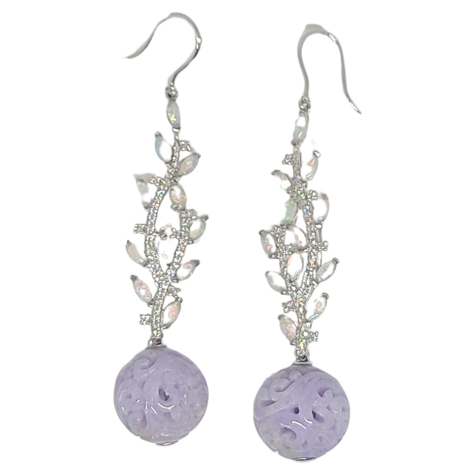 Bochic “Orient” Flower Leaf Diamond & Lilac Jade Drop Earrings Set In 18K Gold  For Sale