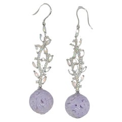 Bochic “Orient” Flower Leaf Diamond & Lilac Jade Drop Earrings Set In 18K Gold 