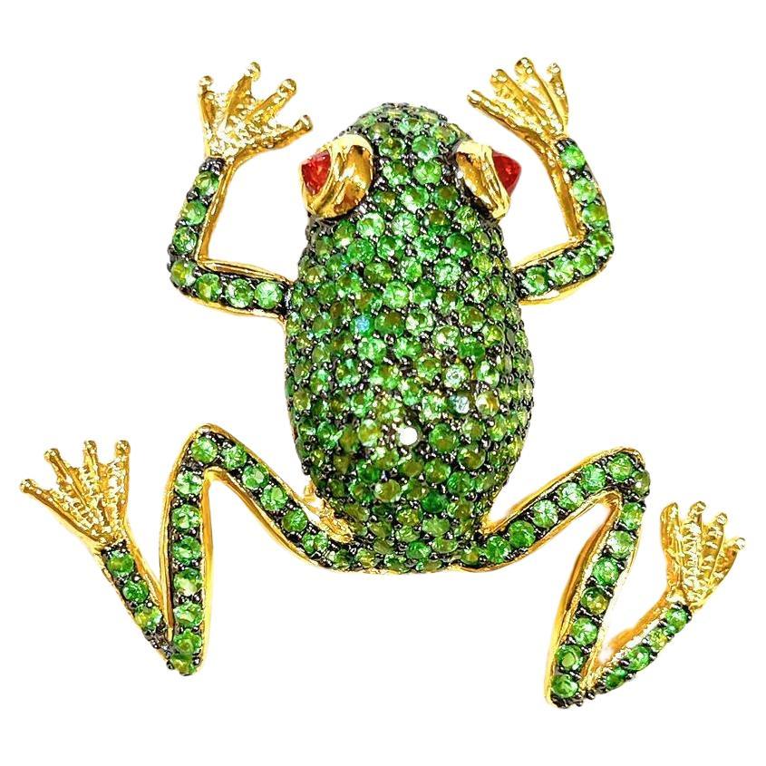Broche/pendentif Bochic Orient grenouille rubis et tsavorite en or et argent 18 carats