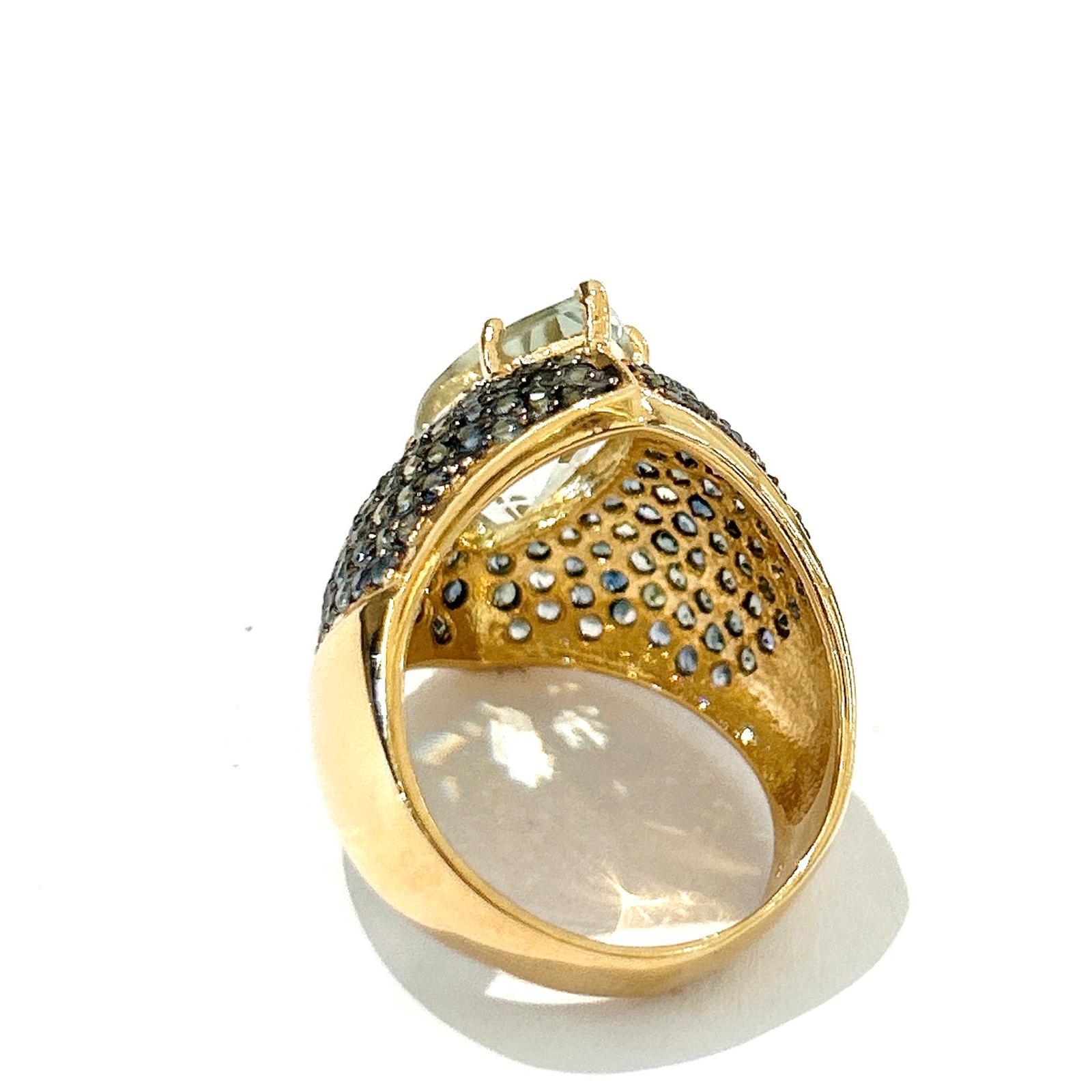 Women's or Men's Bochic “Orient” Green Amethyst & Blue Sapphire Ring Set In 18K Gold & Silver For Sale