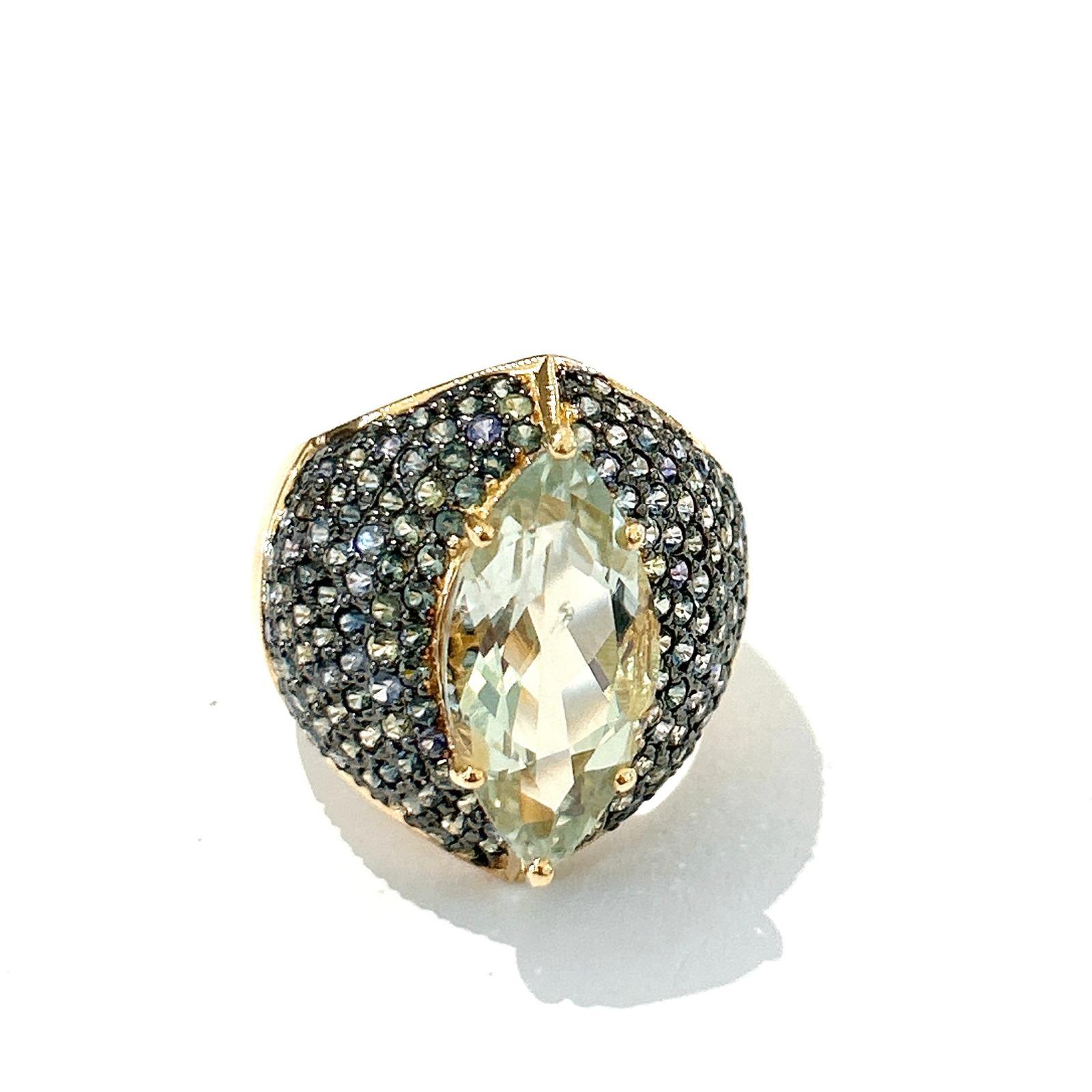 Bochic “Orient” Green Amethyst & Blue Sapphire Ring Set In 18K Gold & Silver For Sale 1