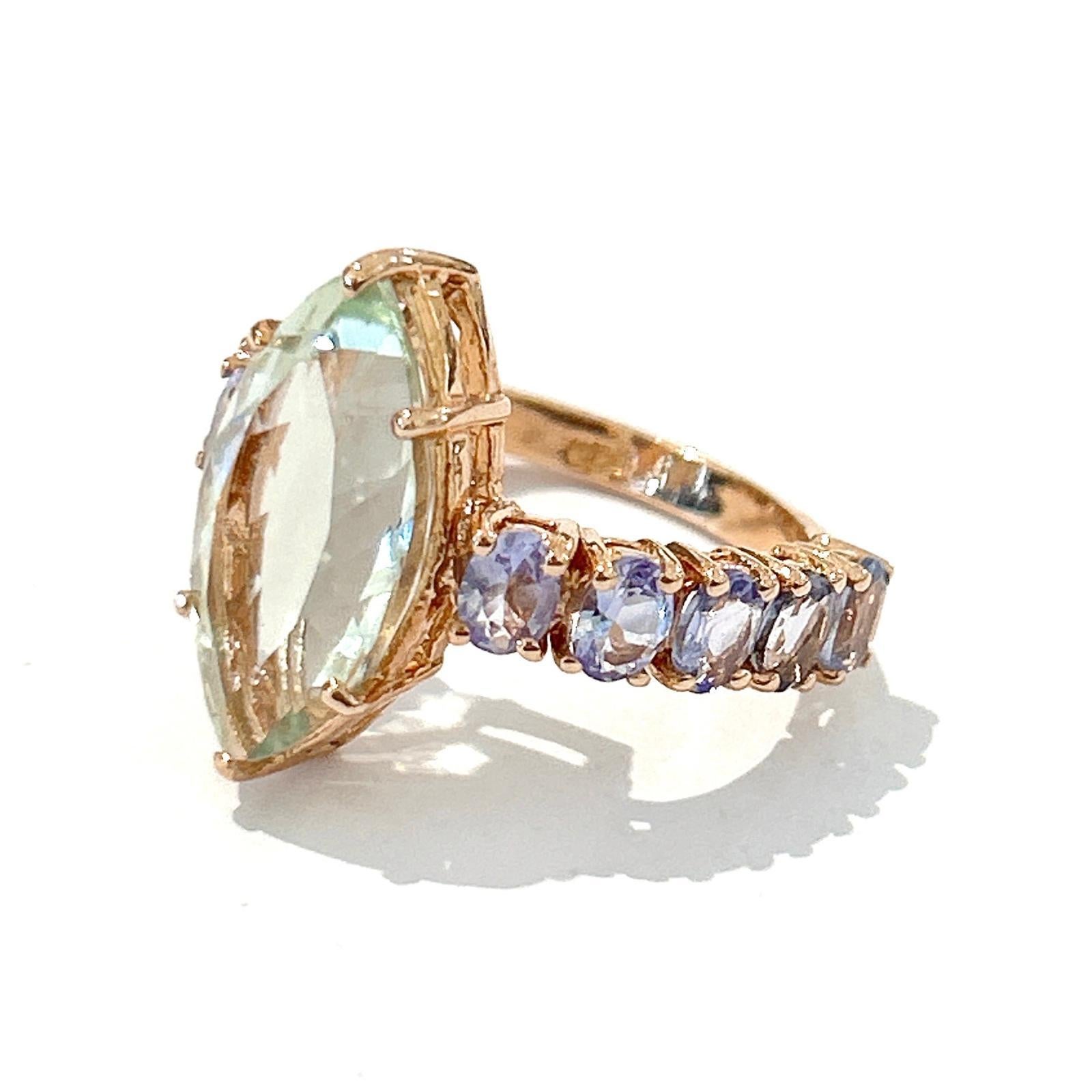 Marquise Cut Bochic “Orient” Green Amethyst & Lilac Tanzanite Ring Set In 18K Gold & Silver For Sale
