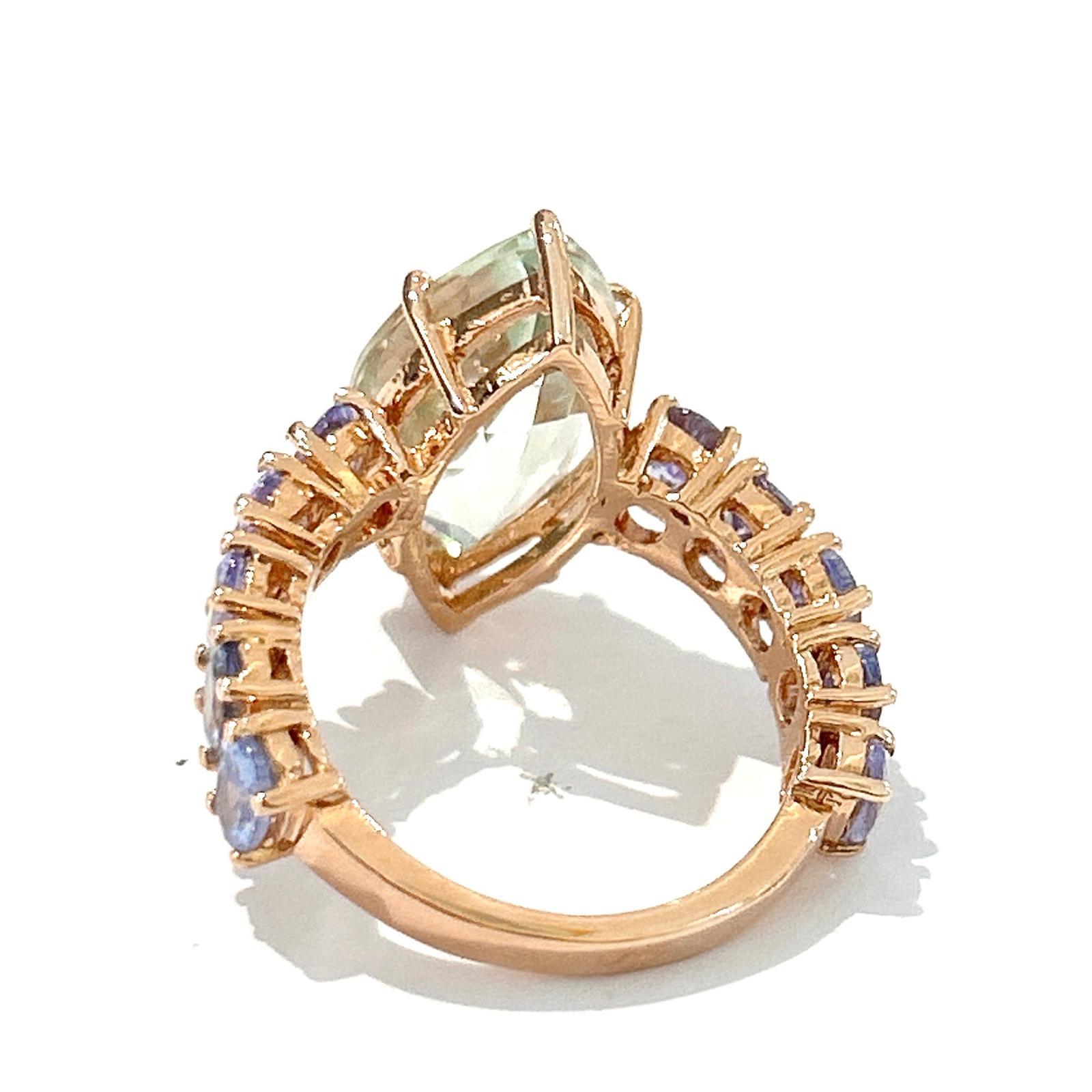 Women's or Men's Bochic “Orient” Green Amethyst & Lilac Tanzanite Ring Set In 18K Gold & Silver For Sale