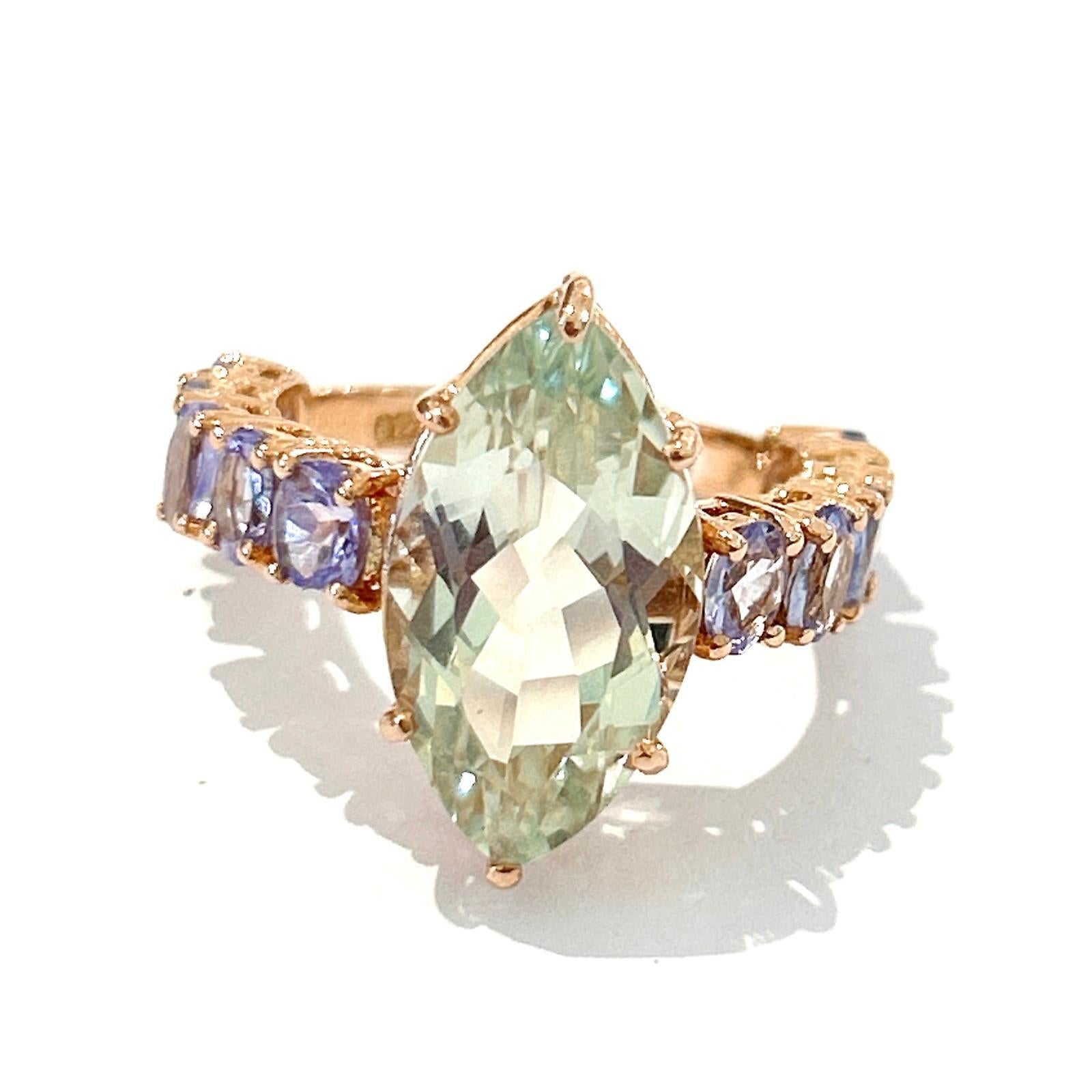 Bochic “Orient” Green Amethyst & Lilac Tanzanite Ring Set In 18K Gold & Silver For Sale 1