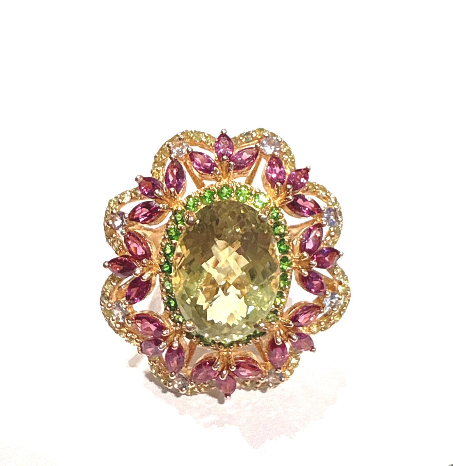 Bochic “Orient” Green Amethyst & Multi Gem Cocktail Ring 18K Gold & Silver For Sale 2