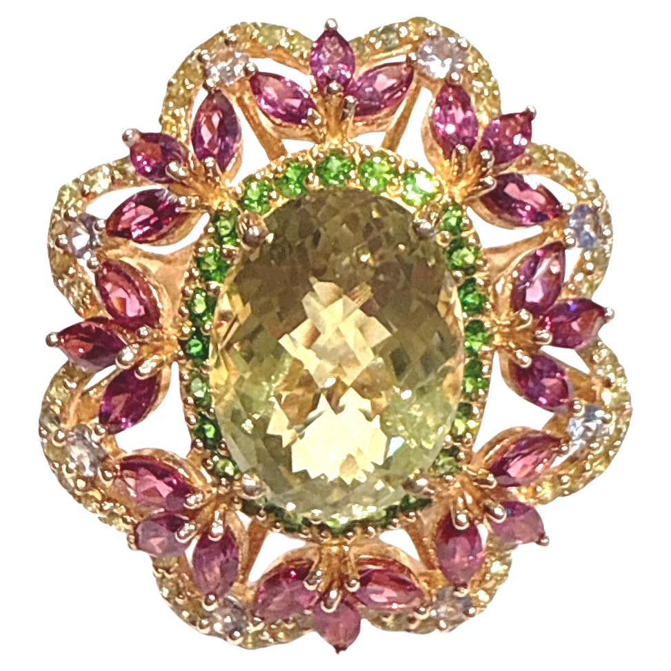Bochic “Orient” Green Amethyst & Multi Gem Cocktail Ring 18K Gold & Silver
