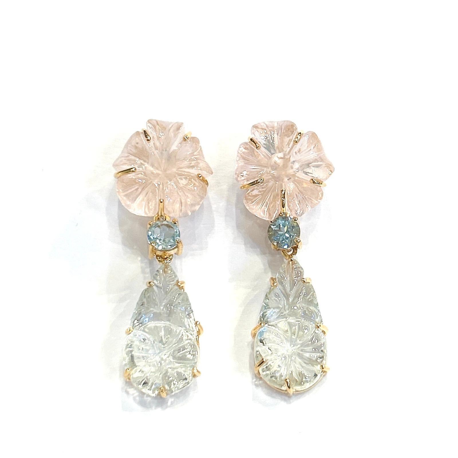 Bochic “Orient” Green Amethyst & Pink Quartz Earrings Set In 18K Gold & Silver For Sale 4