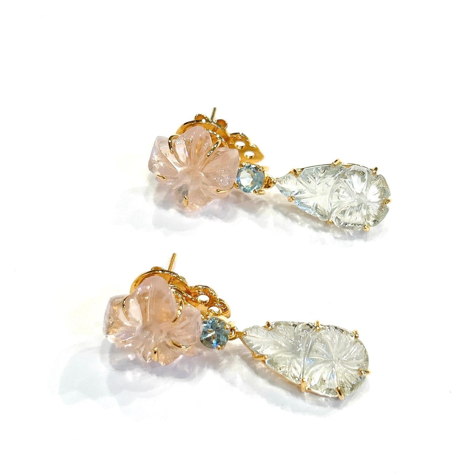 Bochic “Orient” Green Amethyst & Pink Quartz Earrings Set In 18K Gold & Silver For Sale 1