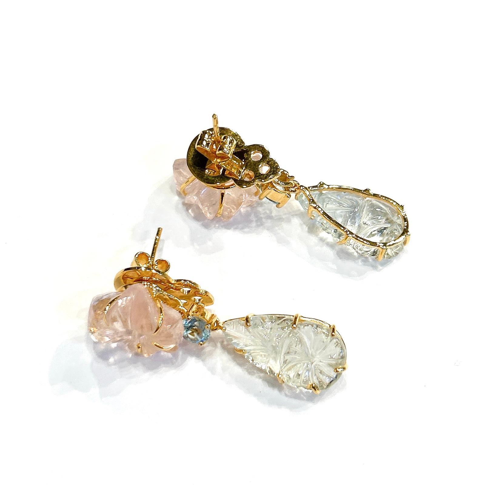 Bochic “Orient” Green Amethyst & Pink Quartz Earrings Set In 18K Gold & Silver For Sale 2