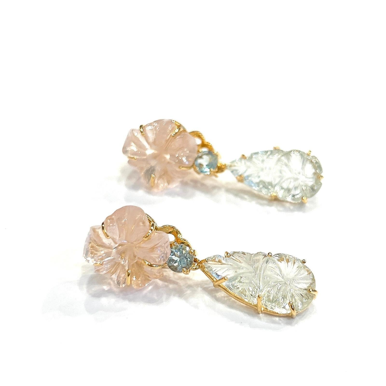 Bochic “Orient” Green Amethyst & Pink Quartz Earrings Set In 18K Gold & Silver For Sale 3