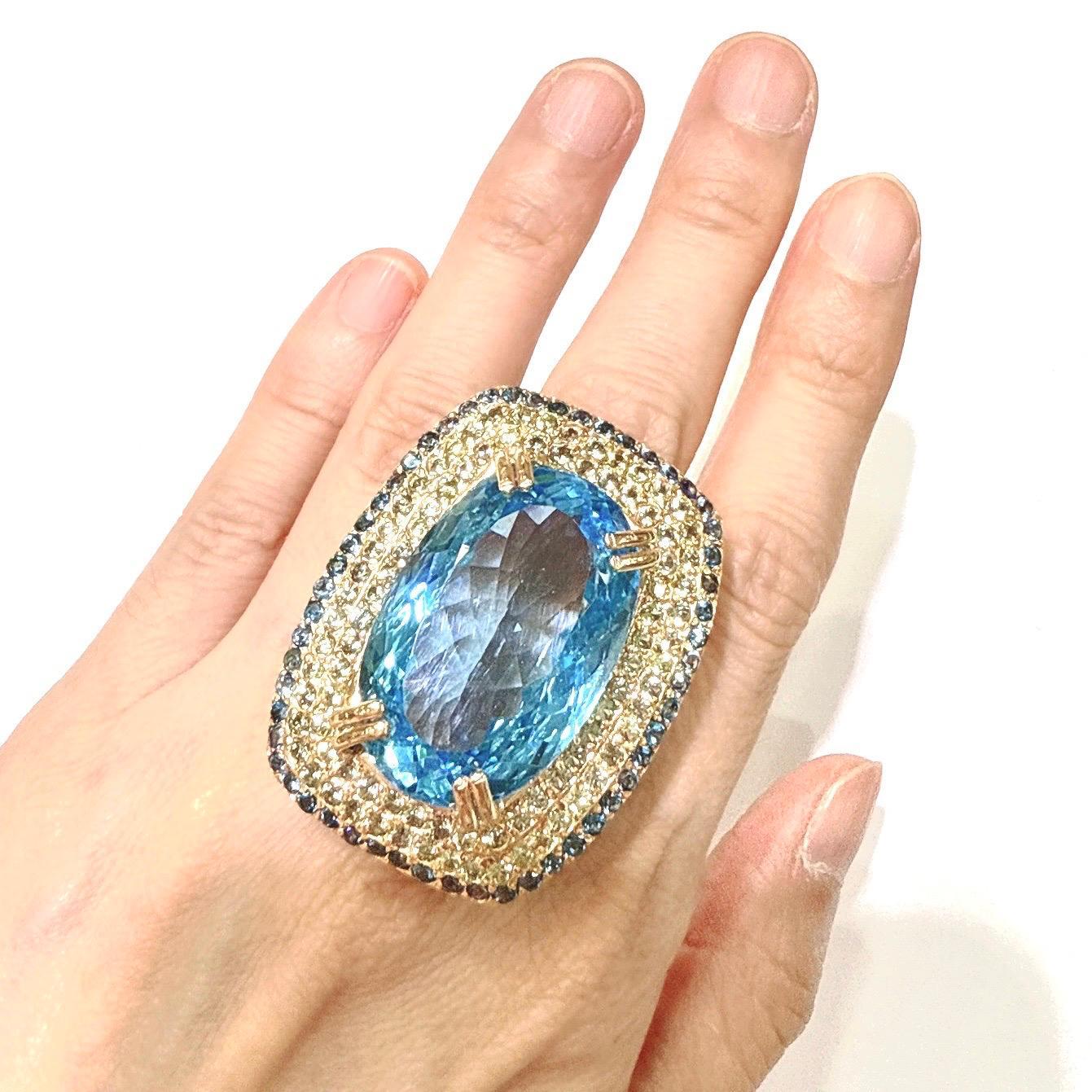 Bochic “Orient” Green & Blue Sapphire, Blue Topaz Cocktail ring 18K Gold & Silver 

Natural Blue Topaz  - 8 Carat
Natural Green Sapphire 2 Carat 
Natural Blue Sapphire - 1 Carat 

This Ring is from the 