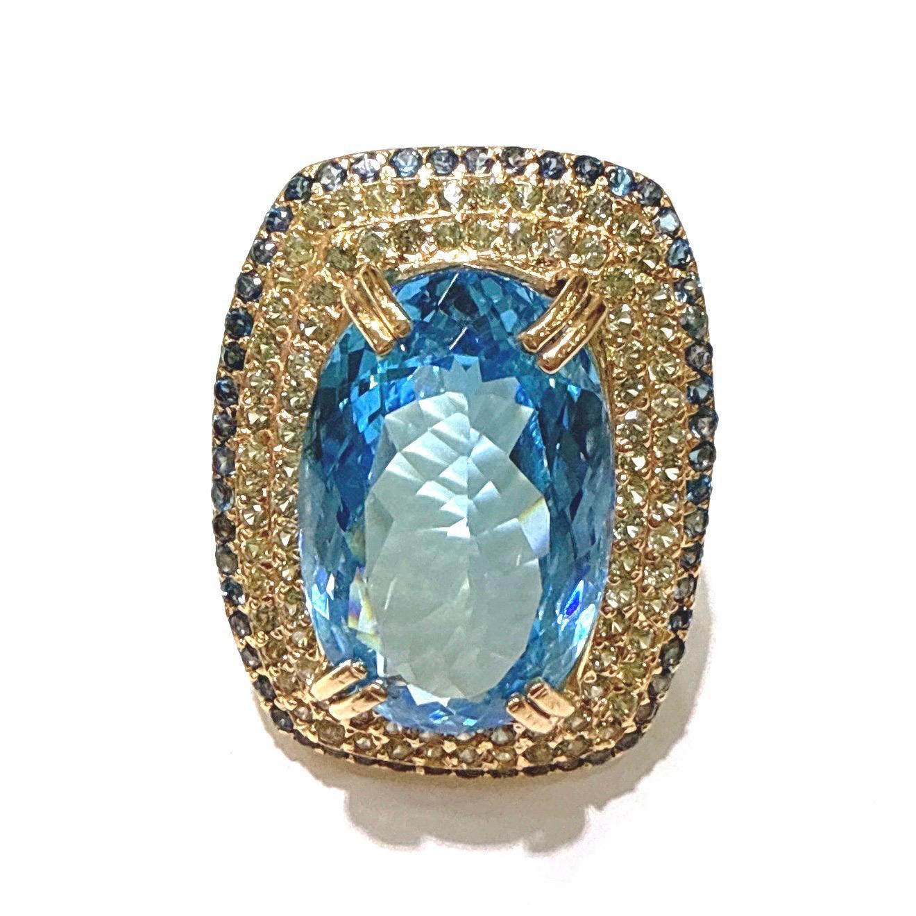 Art Deco Bochic “Orient” Green & Blue Sapphire, Topaz Cocktail ring 18K Gold & Silver For Sale