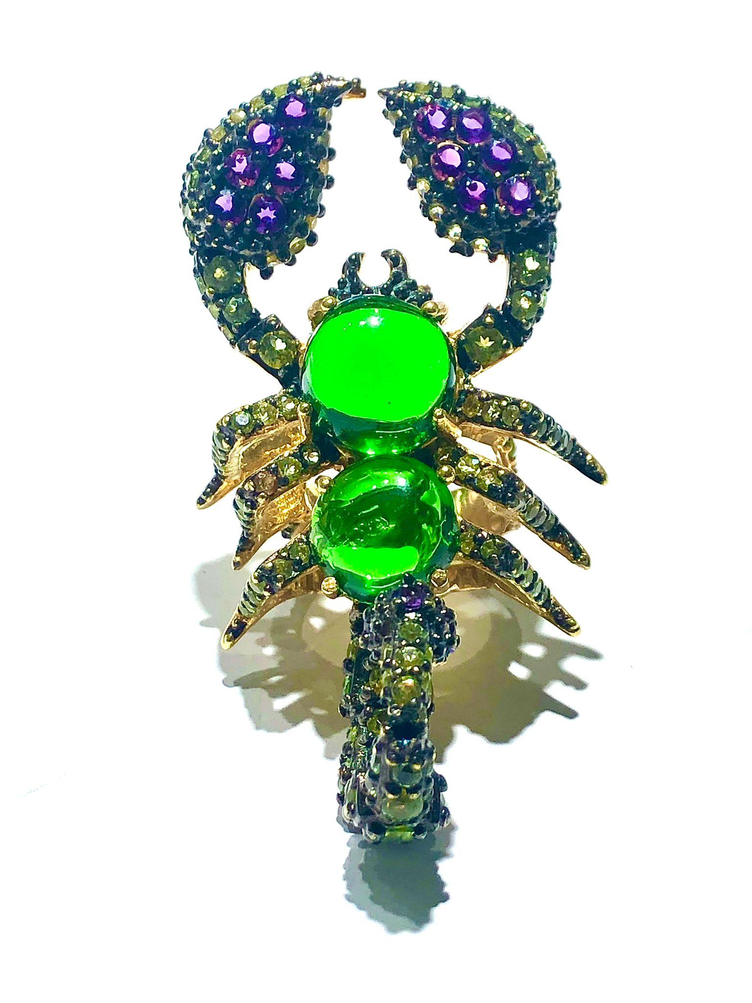 Bochic “Orient” Green Diopside, Sapphire & Peridot Ring Set 18K Gold&Silver For Sale 4