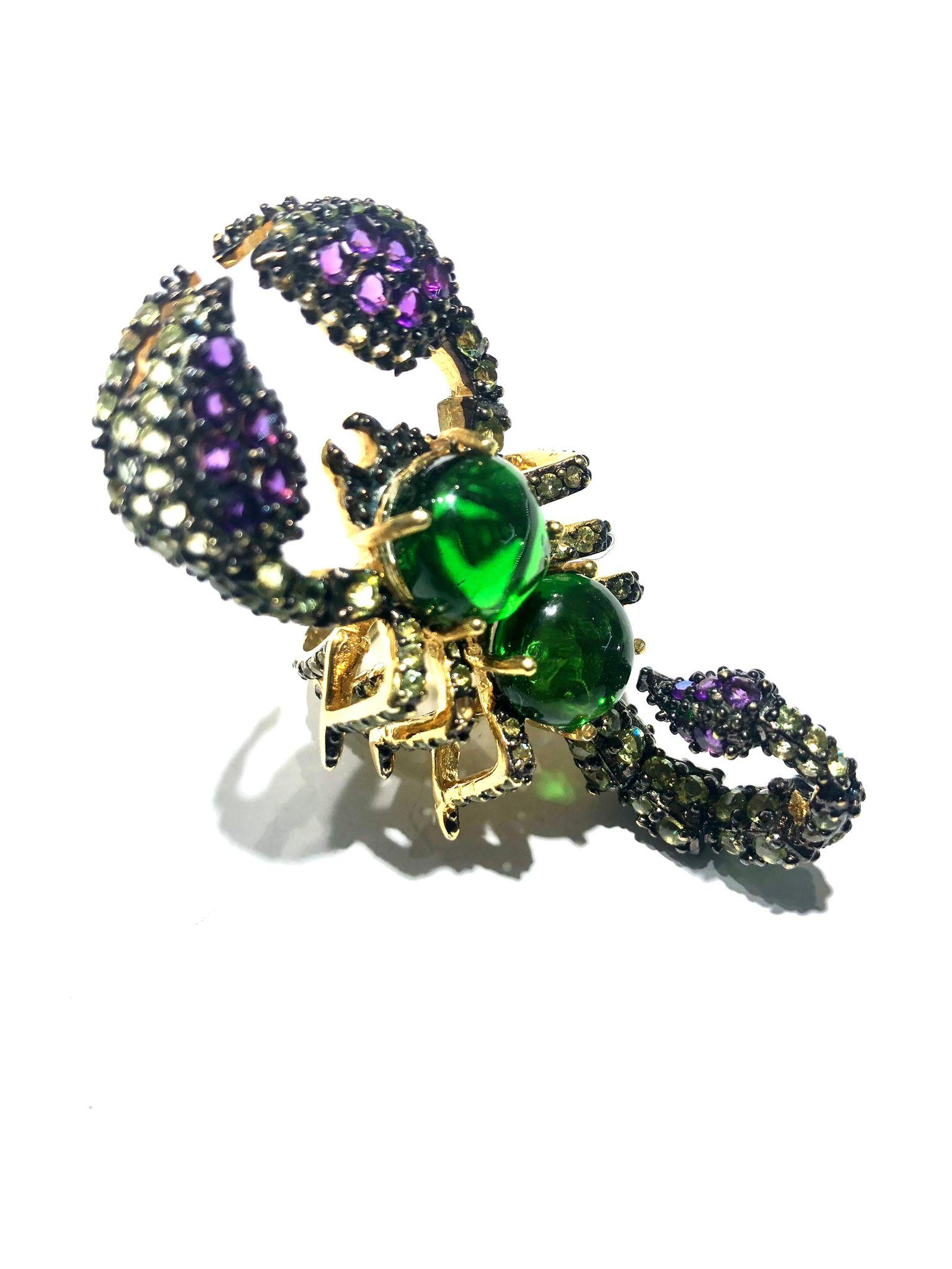 Bochic “Orient” Green Diopside, Sapphire & Peridot Ring Set 18K Gold&Silver For Sale 6