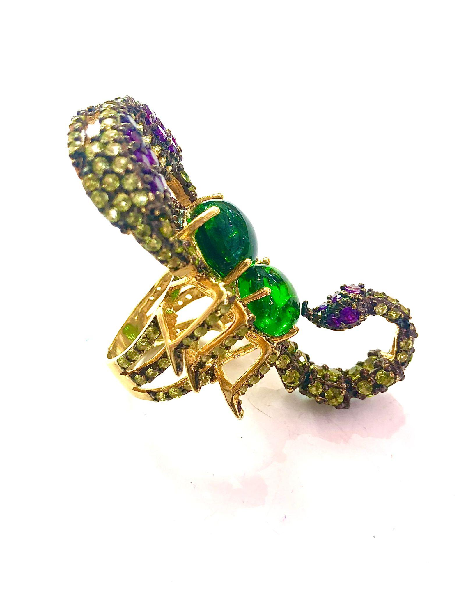 Retro Bochic “Orient” Green Diopside, Sapphire & Peridot Ring Set 18K Gold&Silver For Sale