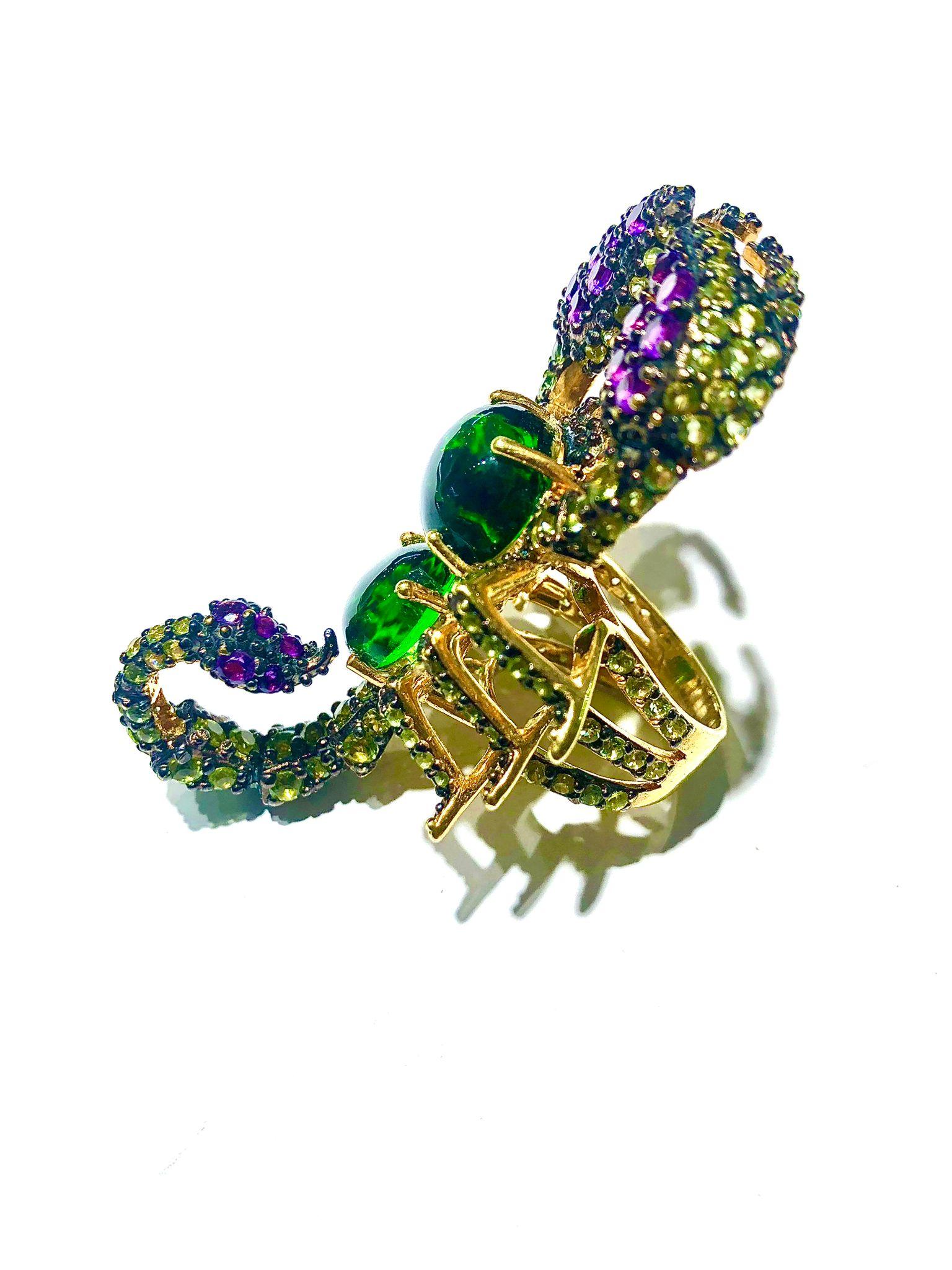 Bochic “Orient” Green Diopside, Sapphire & Peridot Ring Set 18K Gold&Silver In New Condition For Sale In New York, NY
