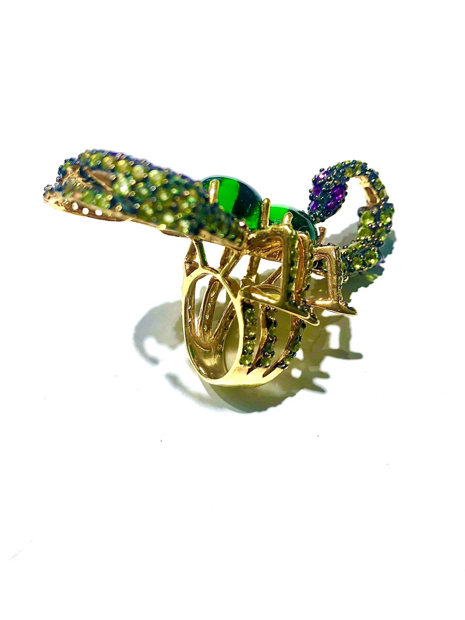 Bochic “Orient” Green Diopside, Sapphire & Peridot Ring Set 18K Gold&Silver For Sale 3