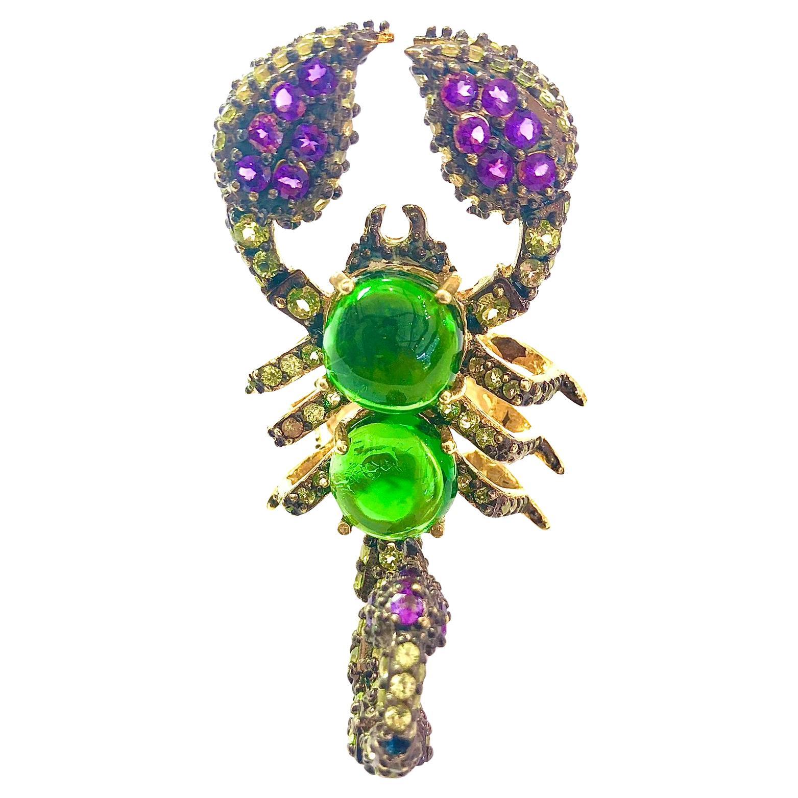 Bochic “Orient” Green Diopside, Sapphire & Peridot Ring Set 18K Gold&Silver For Sale
