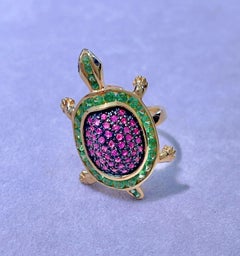 BOCHIC “Orient” Green Emerald & Pinksapphire Cocktail Ring, 22k Gold & Silver