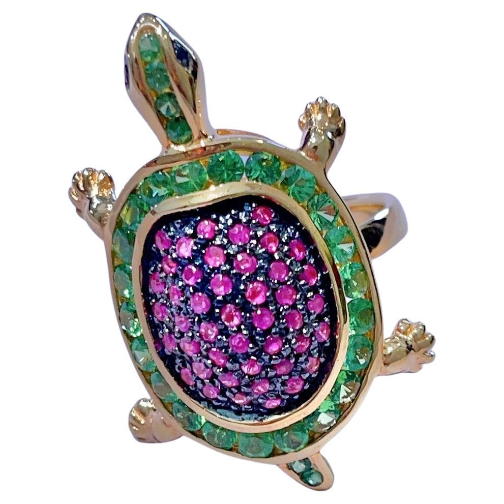 BOCHIC “Orient” Green Emerald & Pinksapphire Cocktail Ring, 22k Gold & Silver