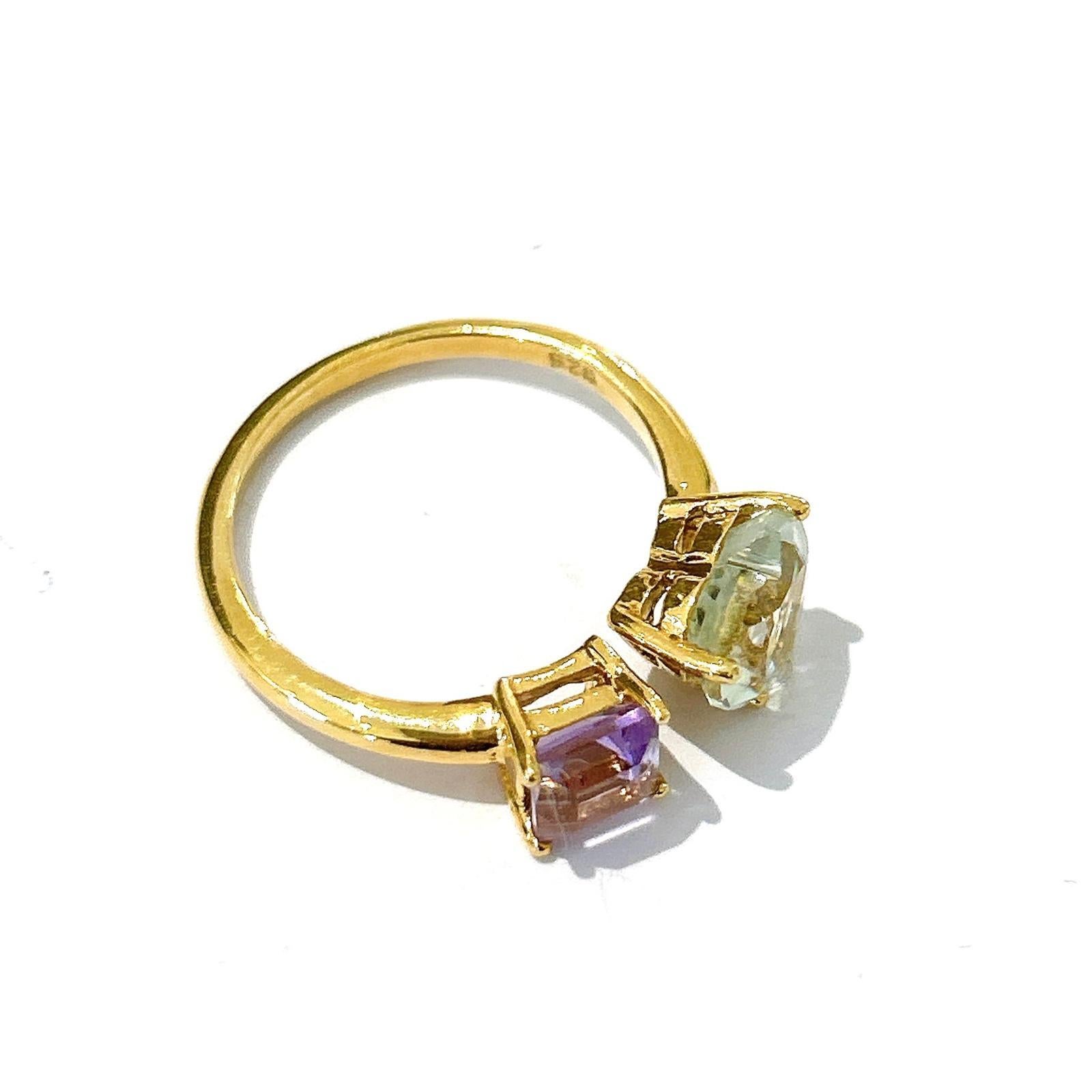 Baroque Bochic “Orient” Green Heart Amethyst & Purple Amethyst Ring 18K Gold & Silver For Sale