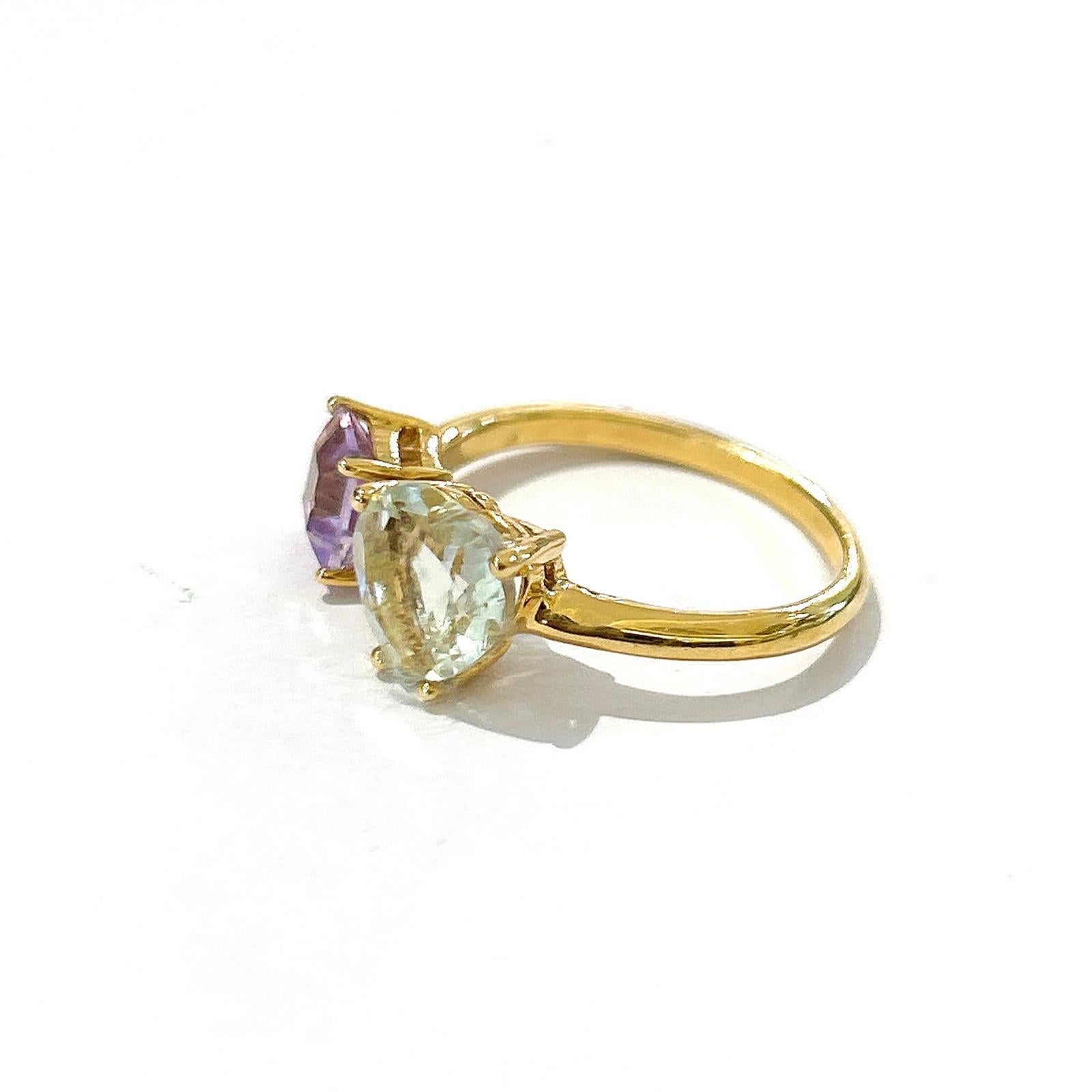 Heart Cut Bochic “Orient” Green Heart Amethyst & Purple Amethyst Ring 18K Gold & Silver For Sale