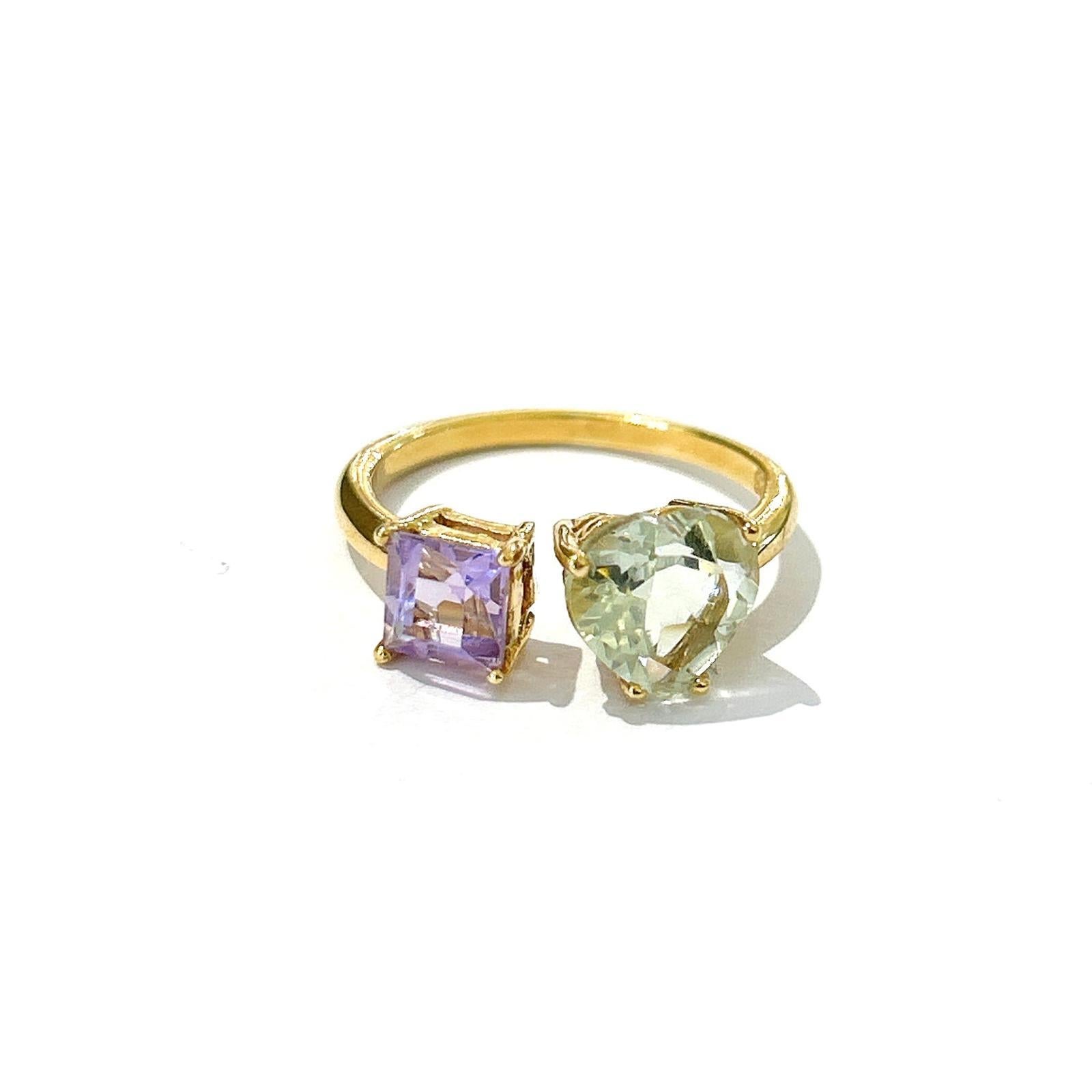 Bochic “Orient” Green Heart Amethyst & Purple Amethyst Ring 18K Gold & Silver In New Condition For Sale In New York, NY