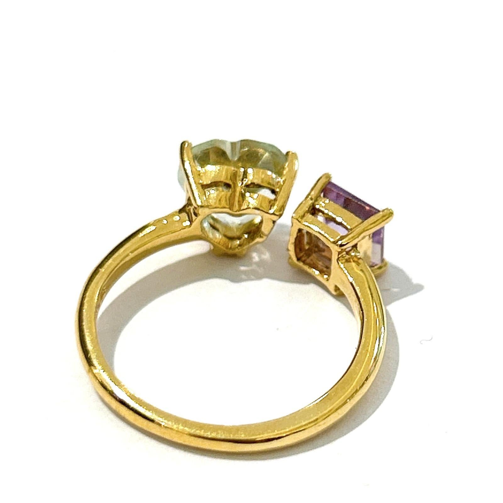 Women's or Men's Bochic “Orient” Green Heart Amethyst & Purple Amethyst Ring 18K Gold & Silver For Sale