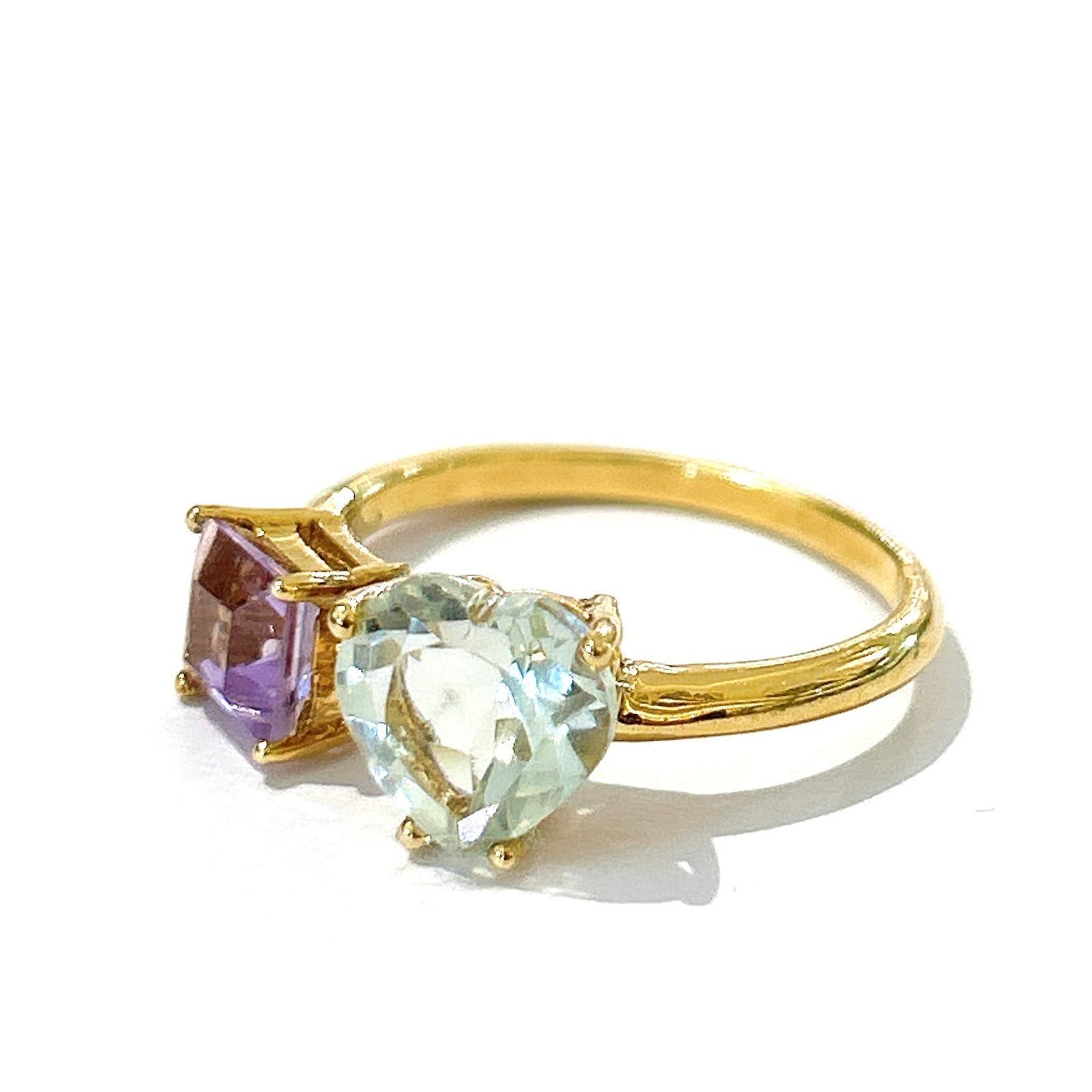 Bochic “Orient” Green Heart Amethyst & Purple Amethyst Ring 18K Gold & Silver For Sale 1