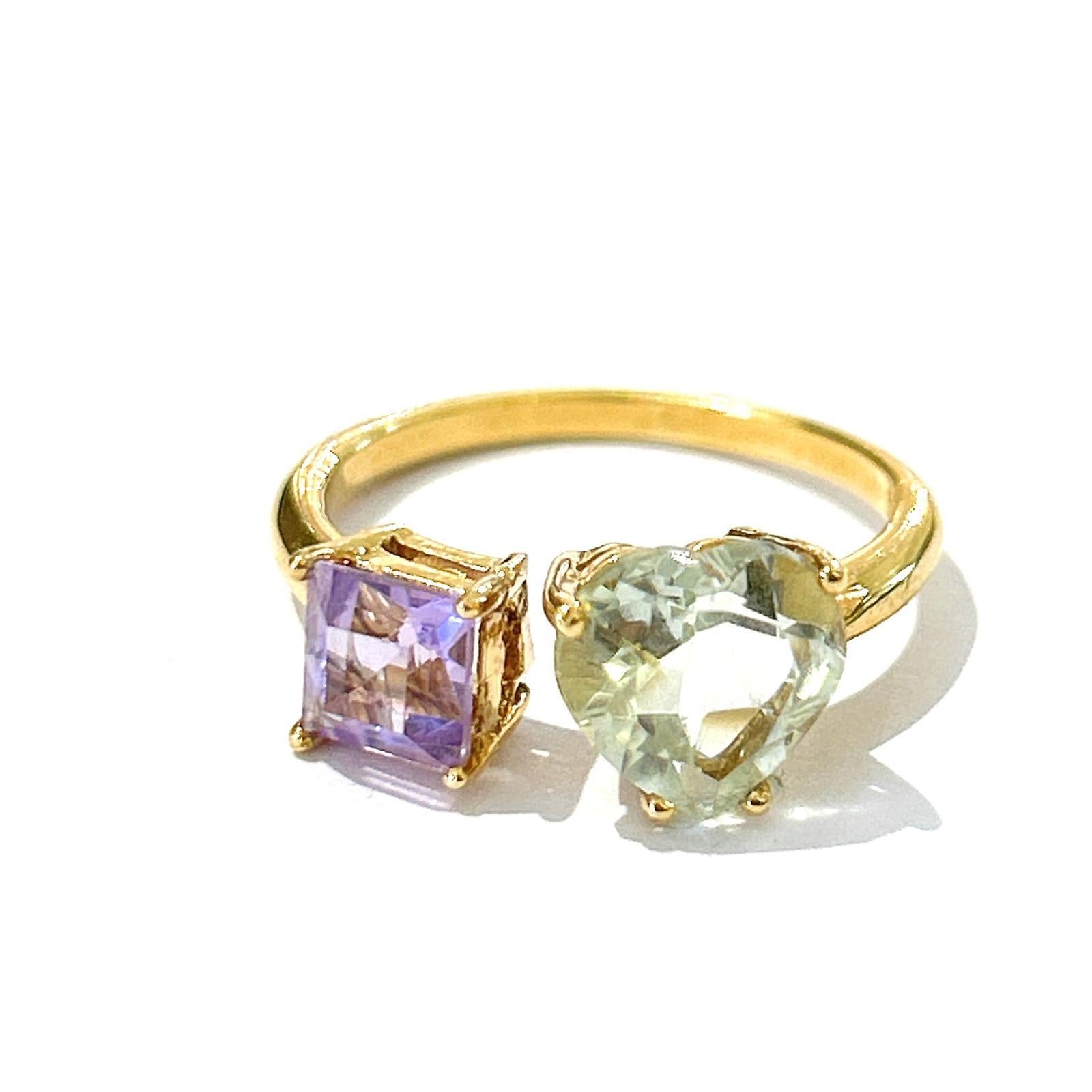 Bochic “Orient” Green Heart Amethyst & Purple Amethyst Ring 18K Gold & Silver For Sale 3