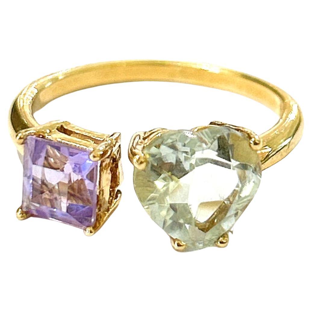 Anillo Bochic "Oriente" Amatista Corazón Verde y Amatista Violeta Oro de 18 quilates y Plata