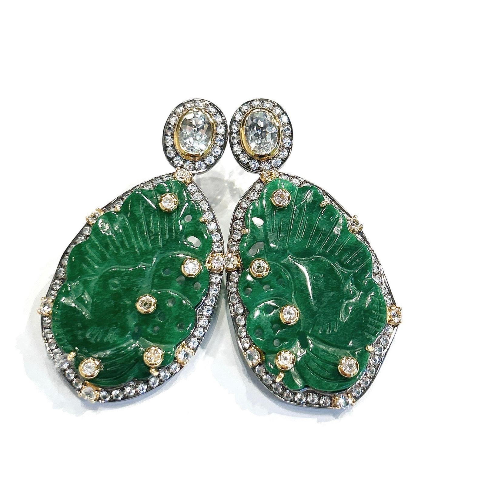 Bochic “Orient” Green Jade & White Topaz Earrings In 18K White Gold & Silver For Sale 5
