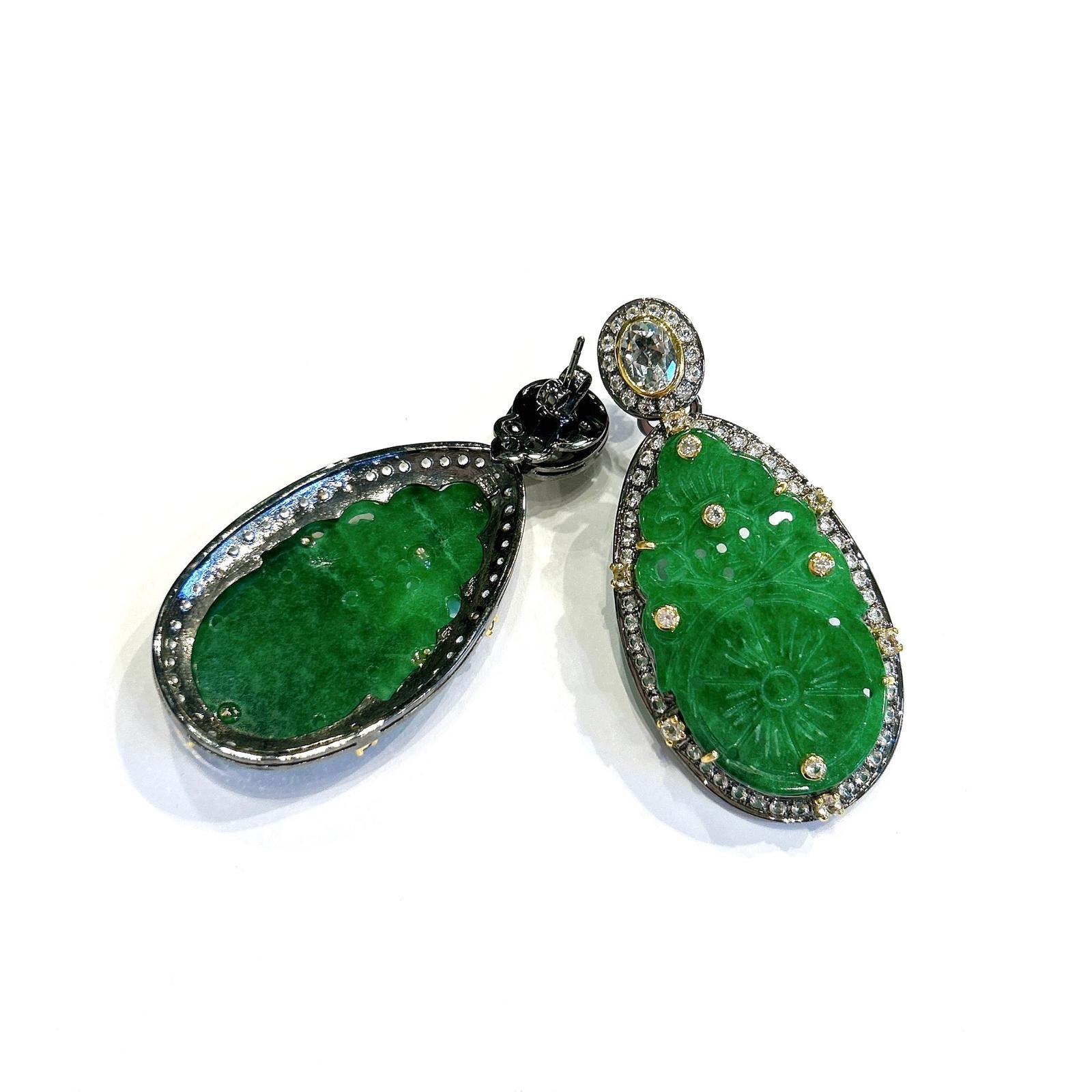Brilliant Cut Bochic “Orient” Green Jade & White Topaz Earrings In 18K White Gold & Silver For Sale