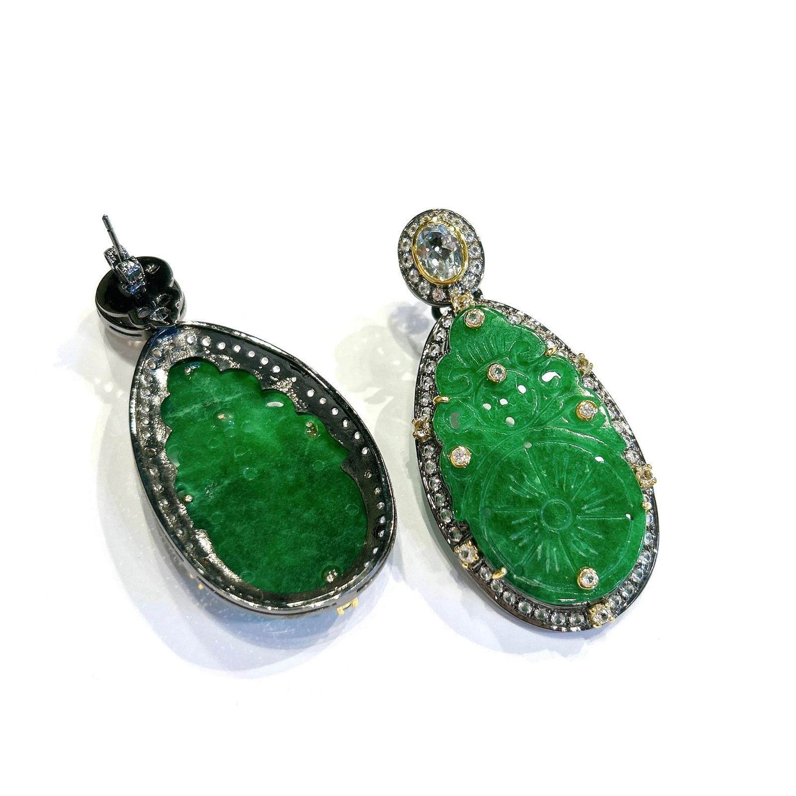 Bochic “Orient” Green Jade & White Topaz Earrings In 18K White Gold & Silver In New Condition For Sale In New York, NY
