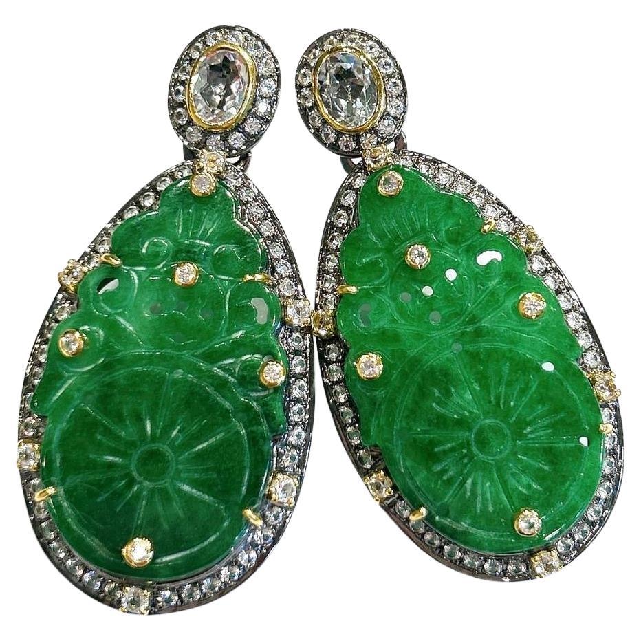 Bochic “Orient” Green Jade & White Topaz Earrings In 18K White Gold & Silver