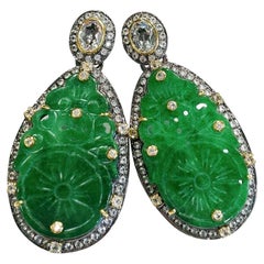 Bochic “Orient” Green Jade & White Topaz Earrings In 18K White Gold & Silver