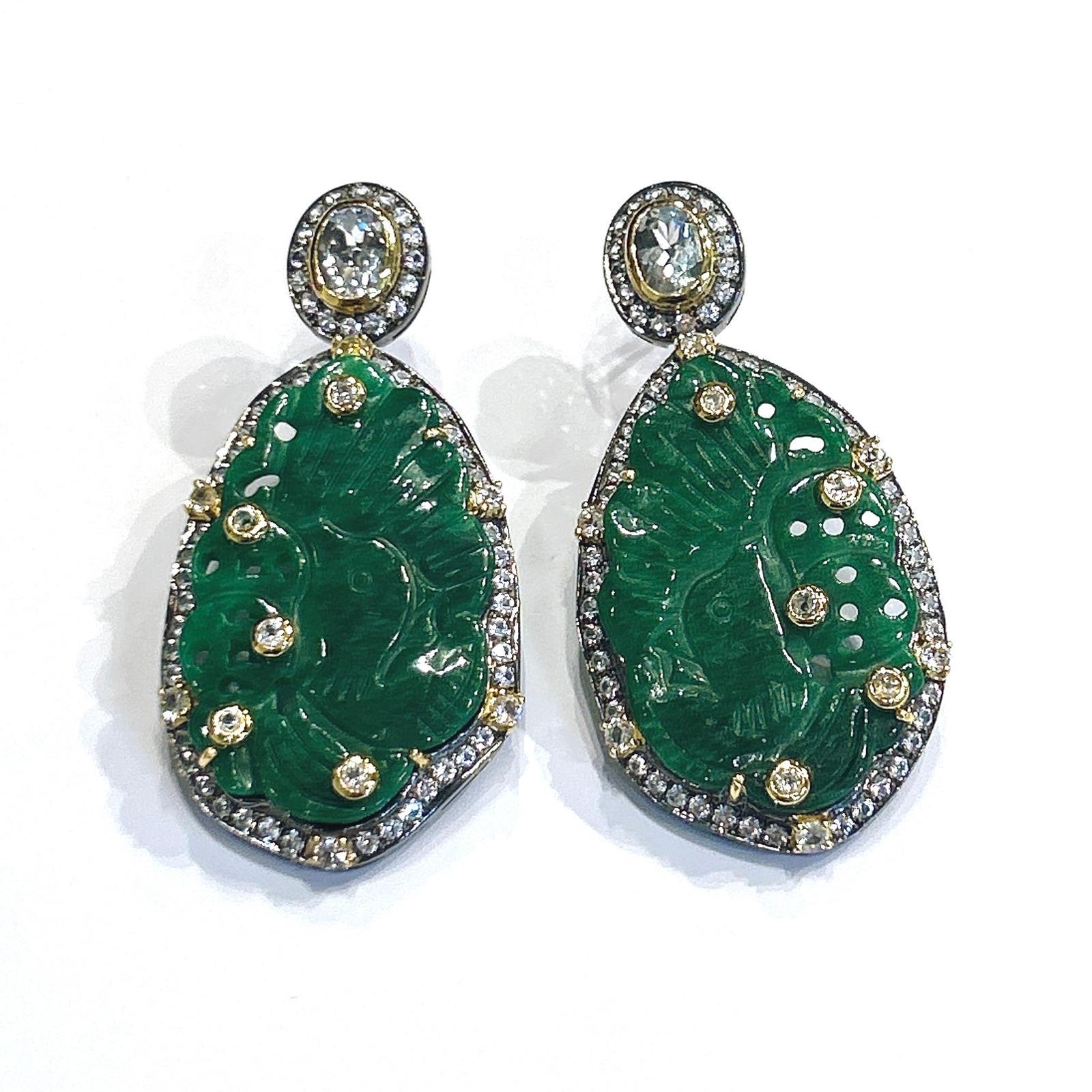 Baroque Bochic “Orient” Green Jade & White Topaz Earrings set In 18K Gold & Silver For Sale