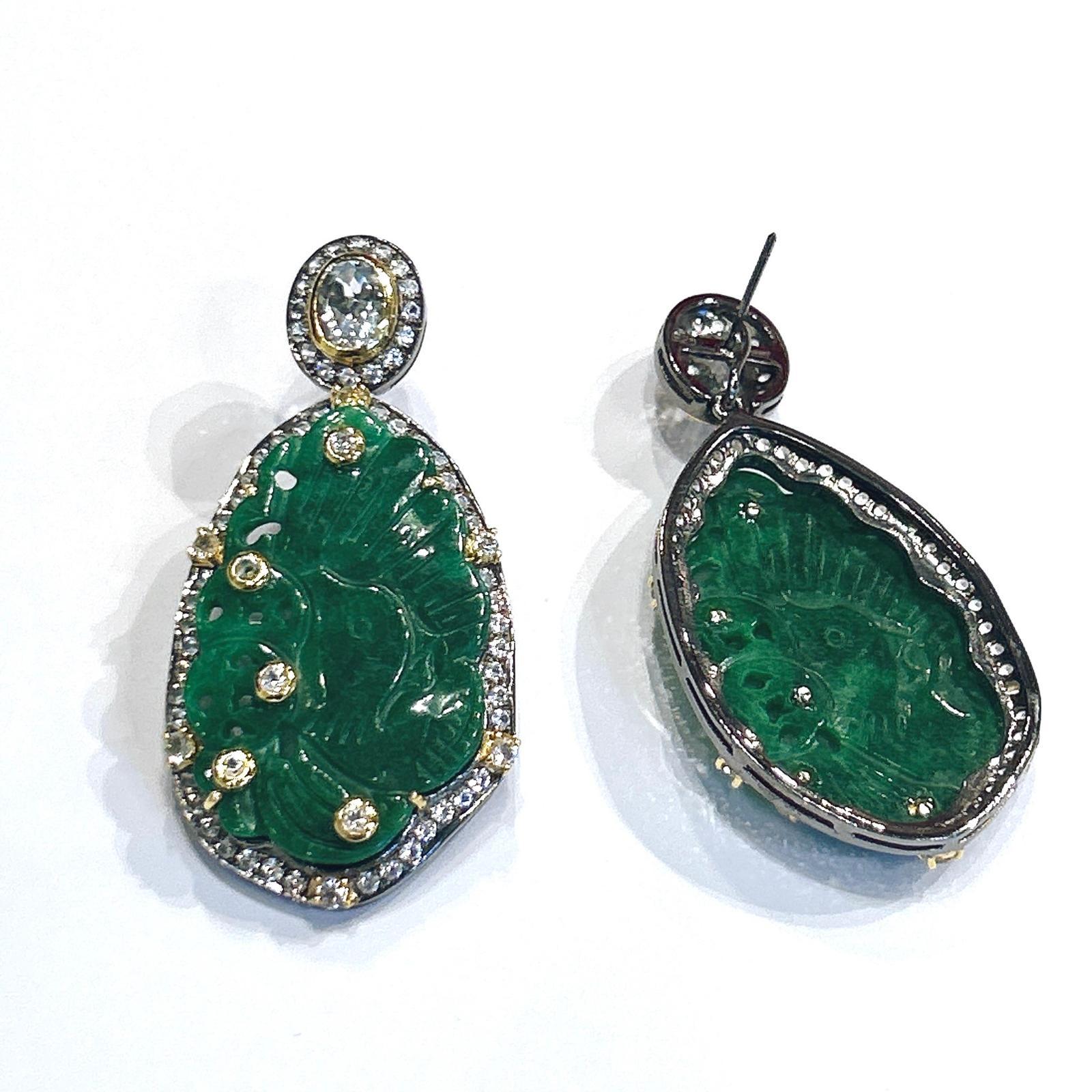 Brilliant Cut Bochic “Orient” Green Jade & White Topaz Earrings set In 18K Gold & Silver For Sale
