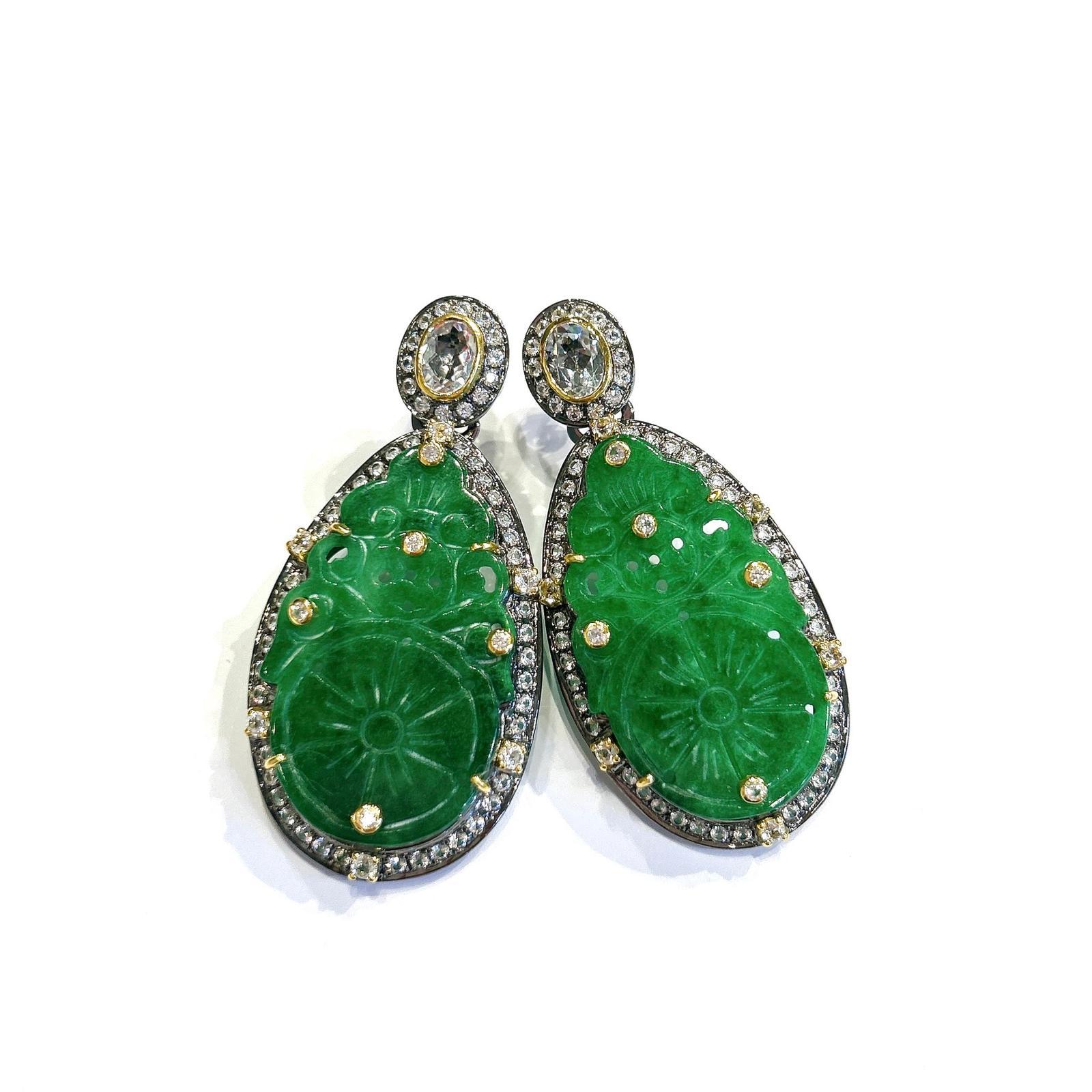 Bochic “Orient” Green Jade & White Topaz Earrings set In 18K Gold & Silver For Sale 3
