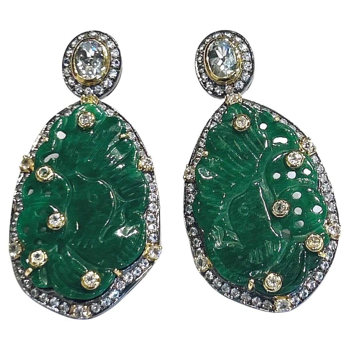 Bochic “Orient” Green Jade & White Topaz Earrings set In 18K Gold & Silver