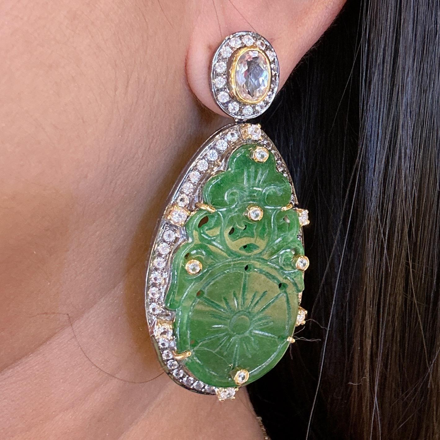 Bochic “Orient” Green Jade & White Topaz Earrings set In 18K White Gold & Silver 6