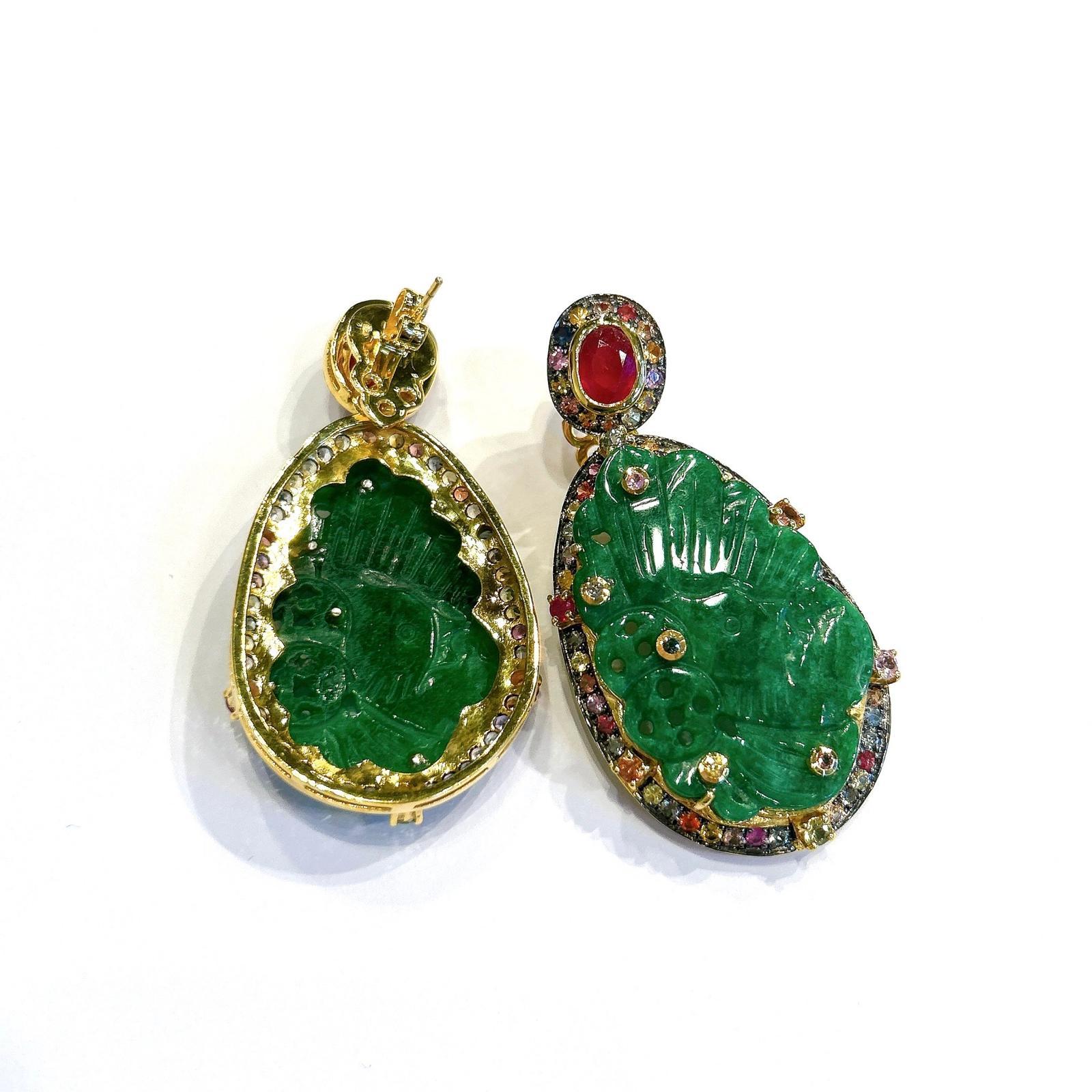 Baroque Bochic “Orient” Green Jade & White Topaz Earrings set In 18K White Gold & Silver