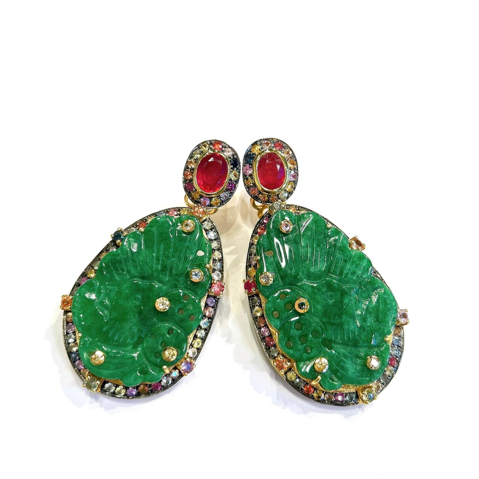 Brilliant Cut Bochic “Orient” Green Jade & White Topaz Earrings set In 18K White Gold & Silver