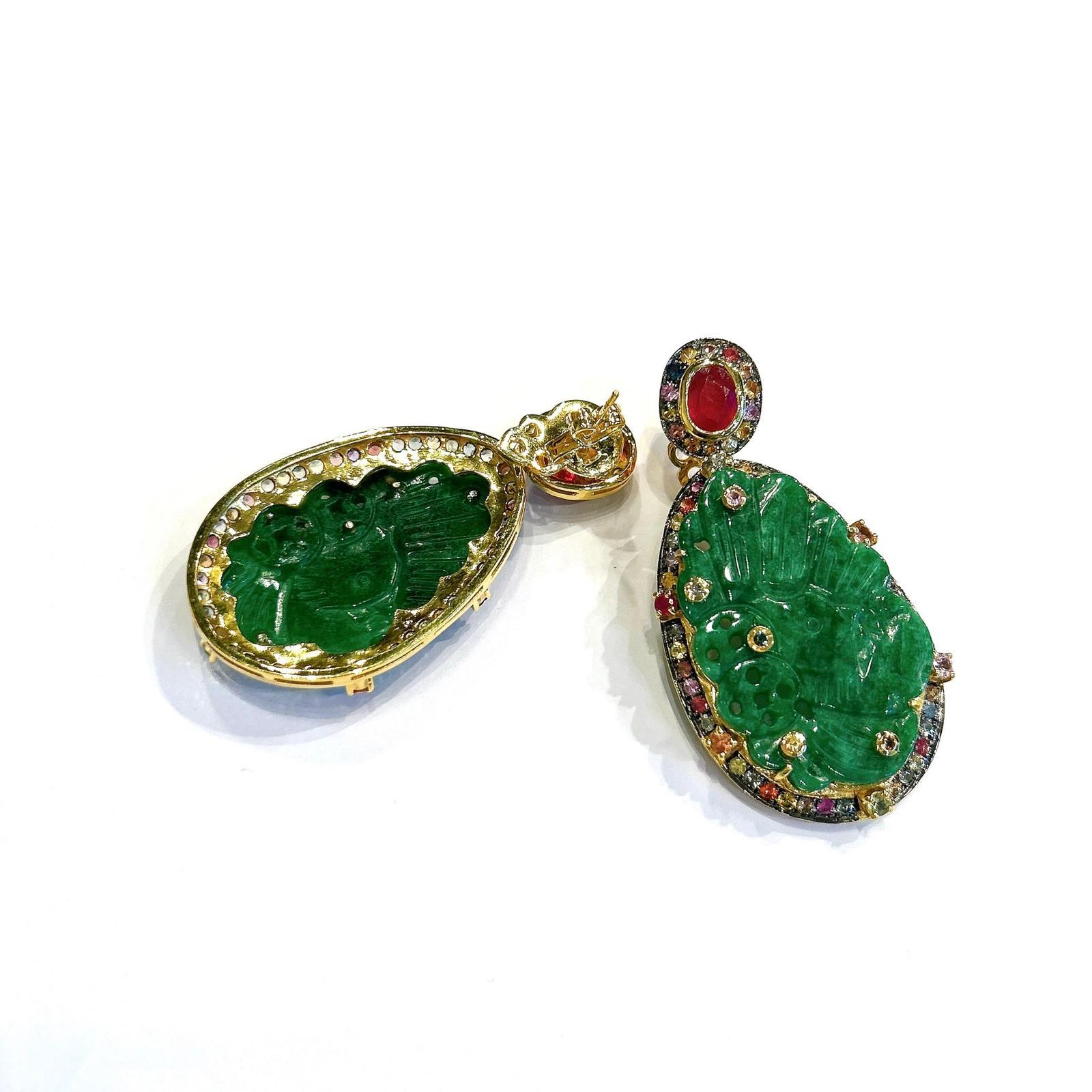 Bochic “Orient” Green Jade & White Topaz Earrings set In 18K White Gold & Silver 1