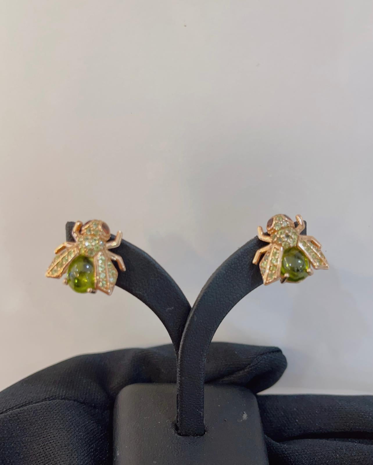 Cabochon “Orient” Green Tourmaline & Tsavorite Earrings Set in 22k Gold & Silver  For Sale