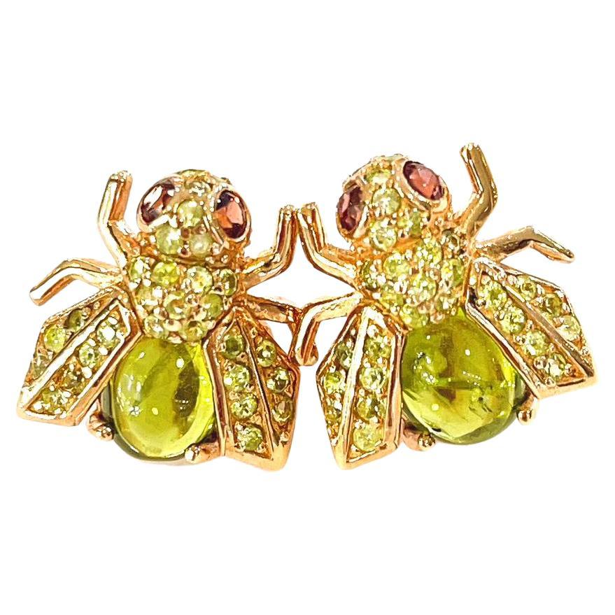 “Orient” Green Tourmaline & Tsavorite Earrings Set in 22k Gold & Silver  For Sale